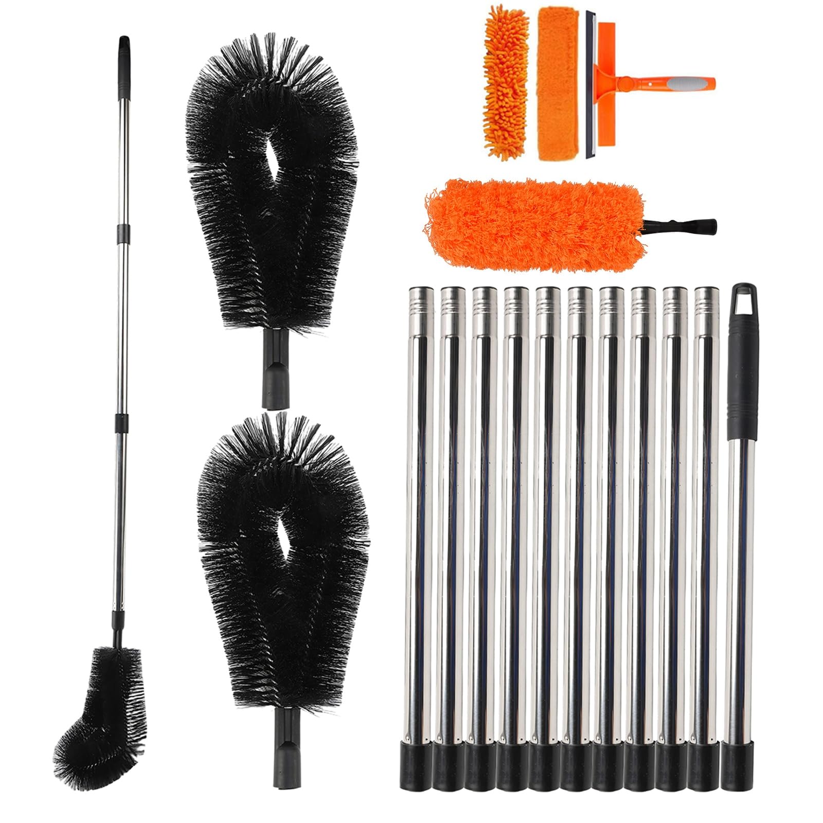 14FT/4.3M Gutter Cleaning Tools with 11 Poles Telescopic & Window Squeegee (14, Orange+Black)
