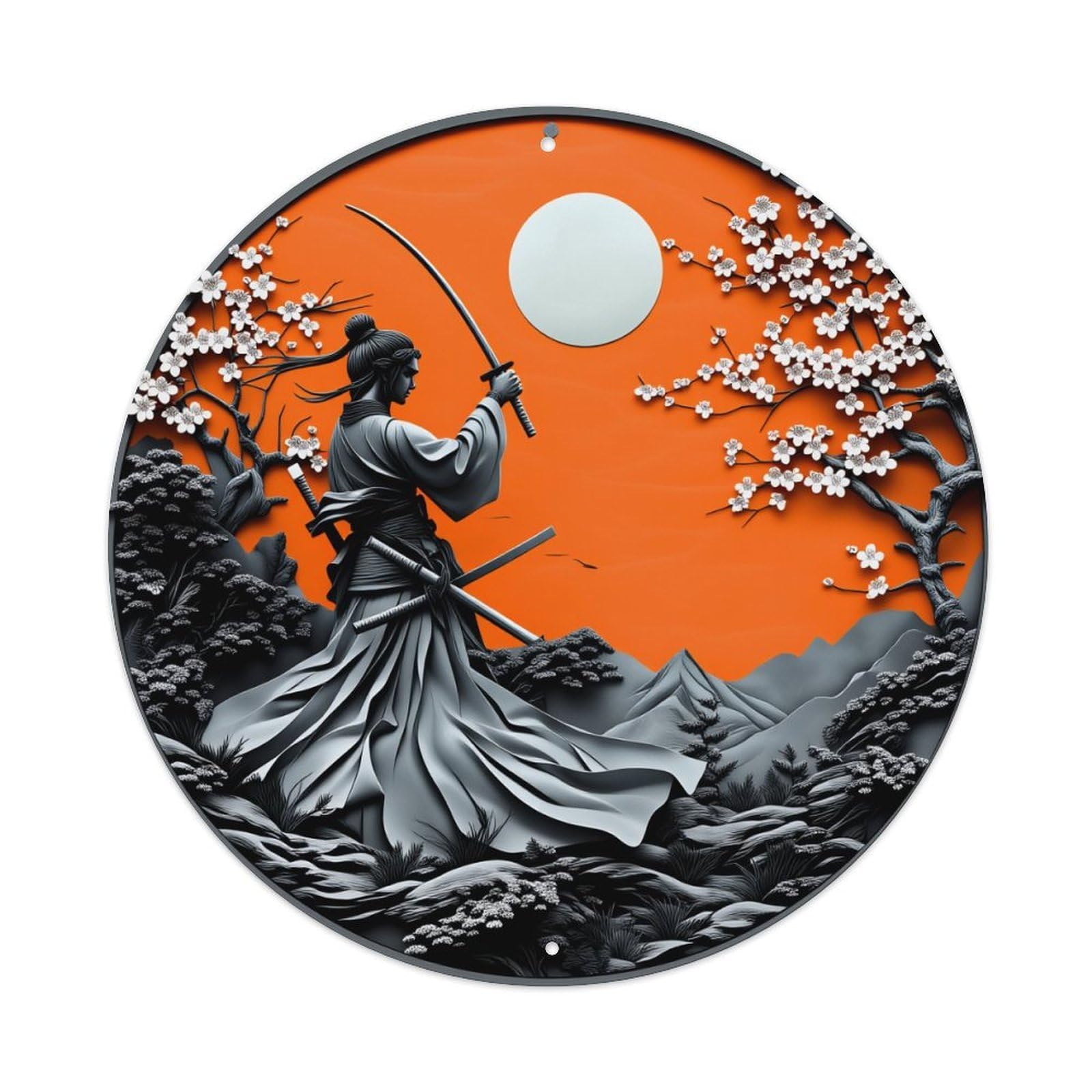 Samurai Warrior Cherry Blossom Moon Mountain Landscape Round Vintage Tin Sign,Retro Wall Art,Metal Poster for Home, Bar, Garage, Cafe, Rustic Indoor & Outdoor Decor, 8x8 Inches