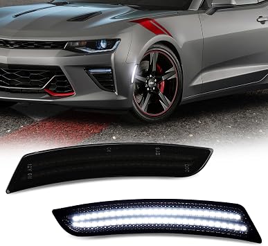 D-Lumina Front/Rear Side Marker Lights Smoked Lens Compatible with Chevy Camaro 2016 2017 2018 2019 2020 2021 2022 2023, 6th Gen Camaro Front/Rear Bumper LED Sidemarker White, Pack of 2