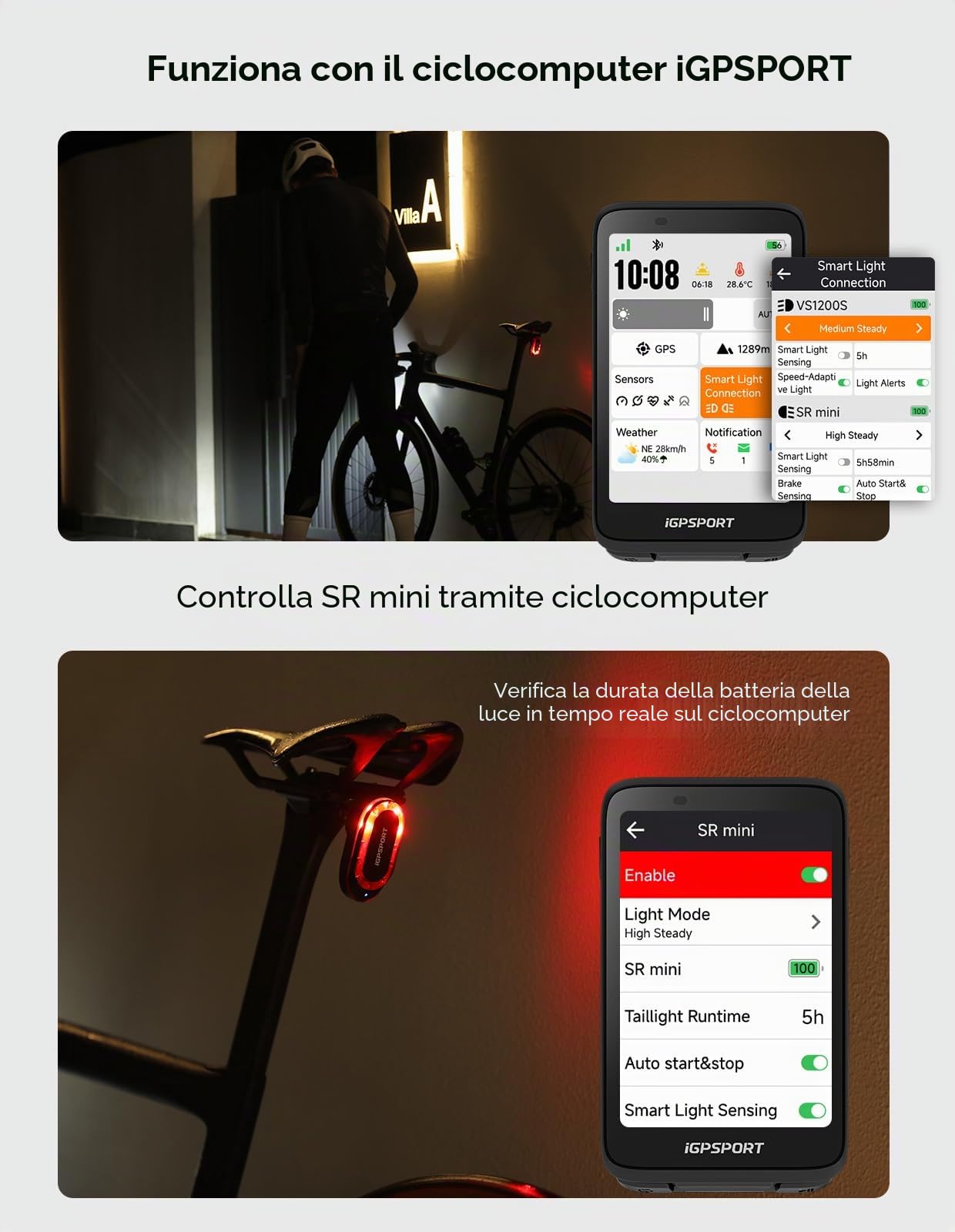iGPSPORT SRmini Luce Posteriore Radar per Bicicletta, 20 Ore di Autonomia, Visione 1,2 km, Rilevamento Frenata, On/Off Automatico, 65 Lumen, Ant+, Bluetooth 5.0, IPX7
