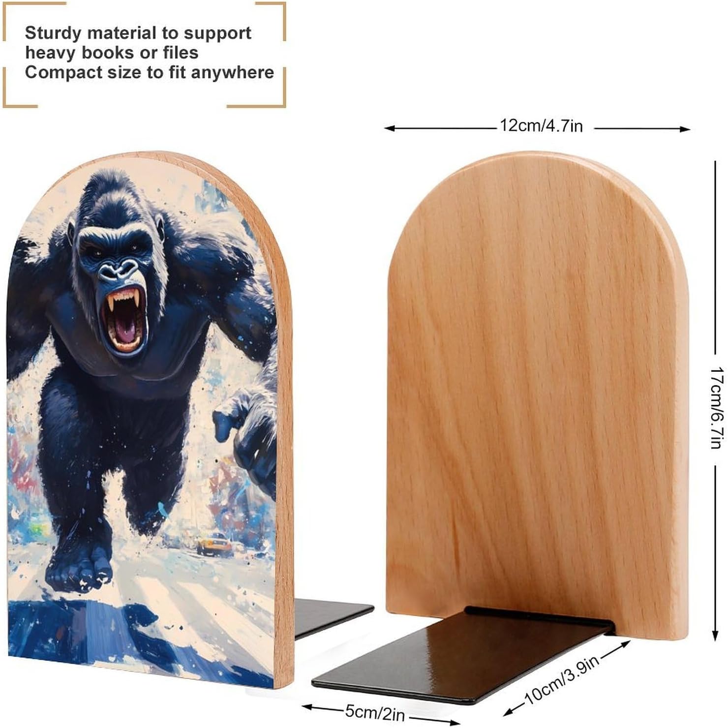 Angry Fighting Gorillas Cute Wood Book Ends Decorative Bookends 1 Pair Non-Skid for Shelves Home Office 7 X 5 Inch