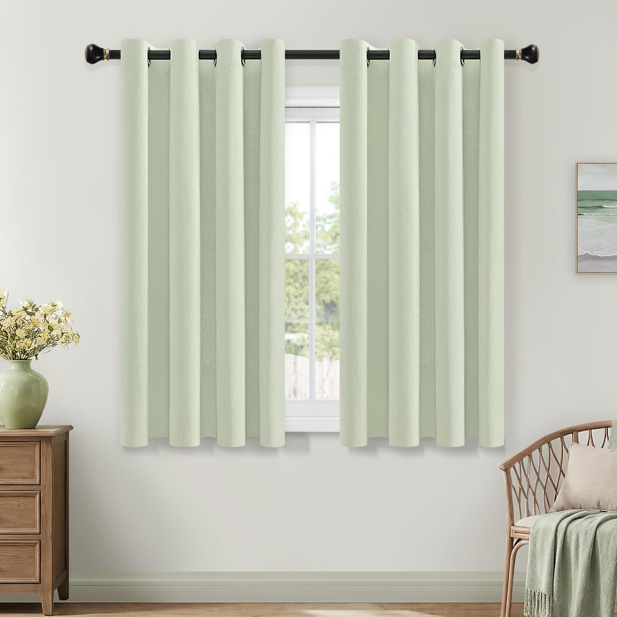 Faux Linen Blackout Curtains with Coating Back Layer 63 Inch Drop 2 Panels Light Sage Green Energy Saving Thermal Eyelet Curtains for Living Room Bedroom Short Window, One Pair, Green, 52"W x 63"L