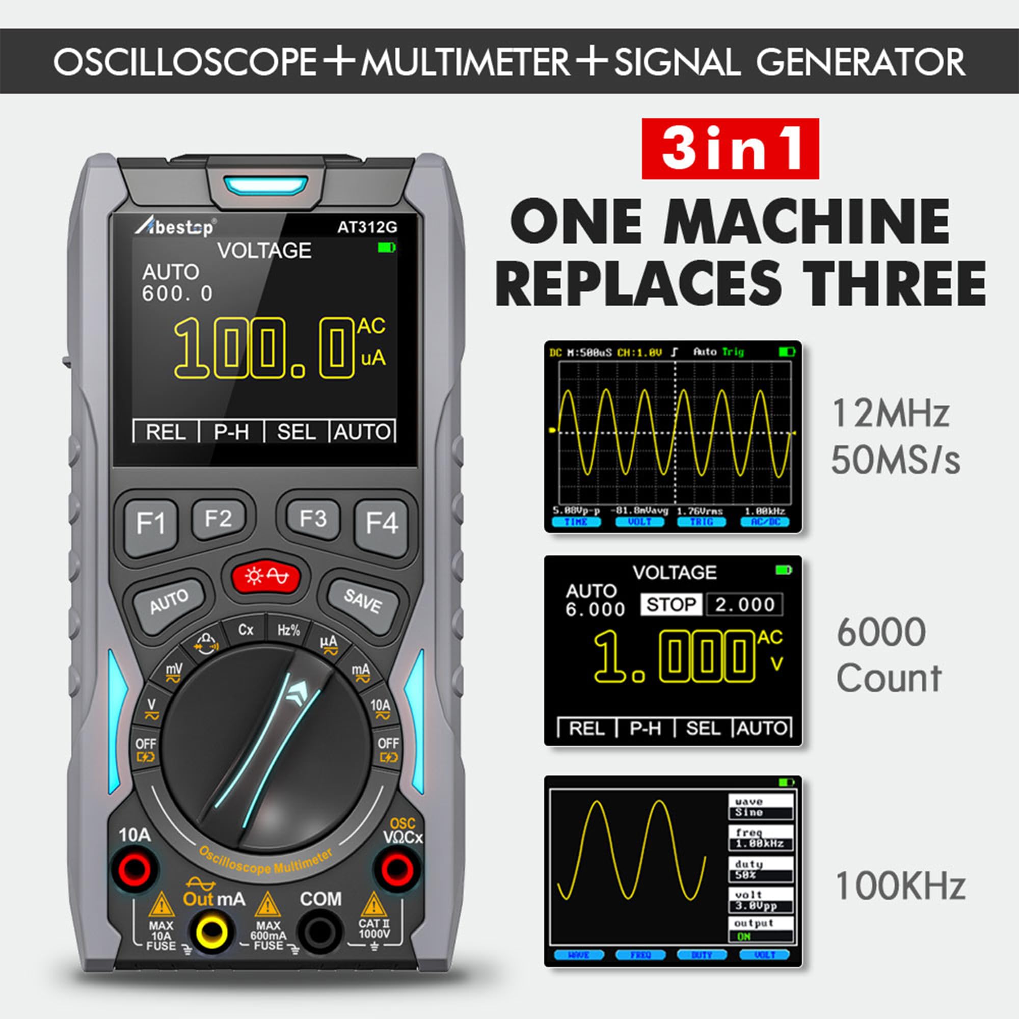 AT312G Abestop 3 en 1 Oscilloscope Multímetro Generator 12MHz Bandwidth Digital Oscilloscope Multímetro para múltiples probadores en Auto Measurement