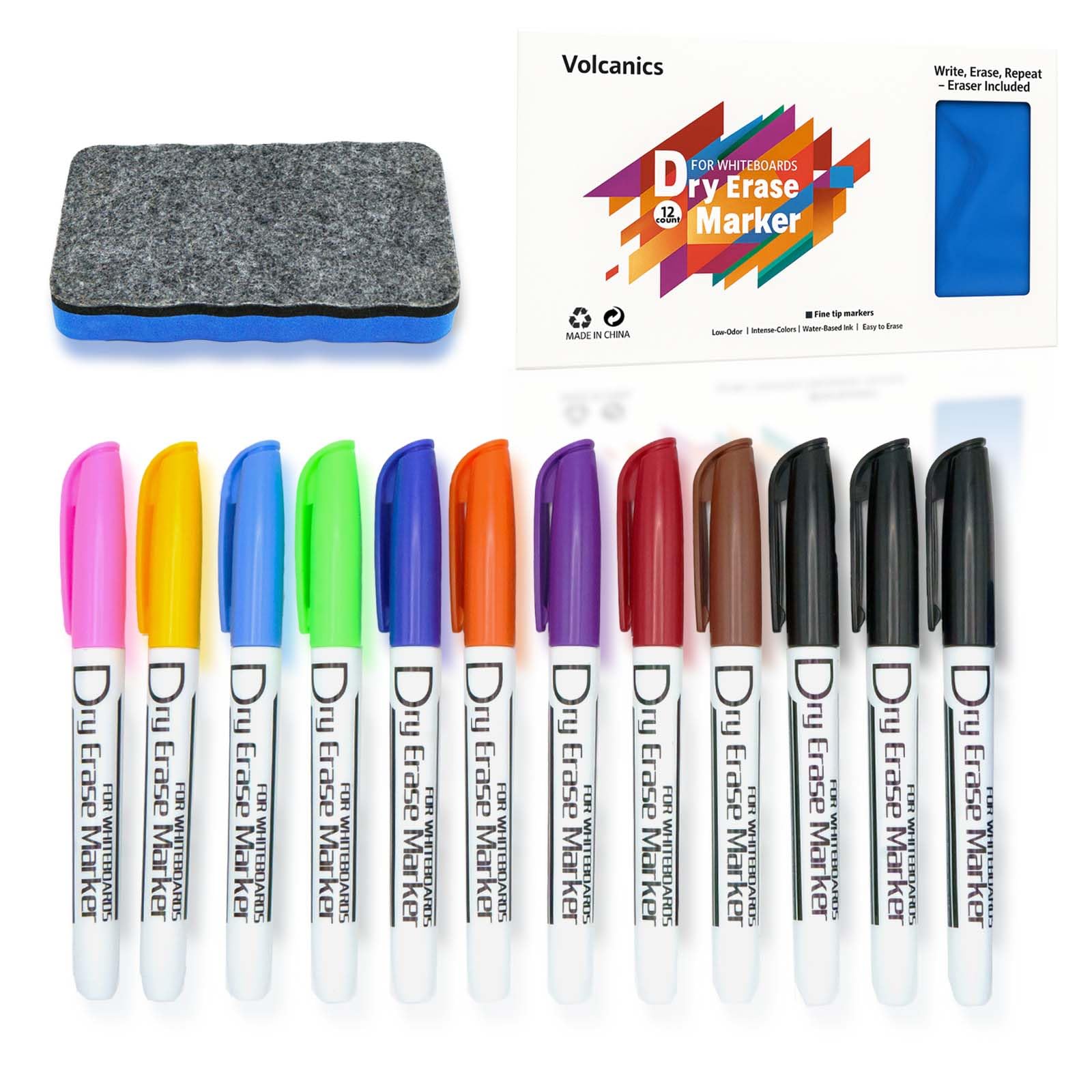 Volcanics Whiteboard Pens – 12 Pack Fine Tip Dry Erase Markers Assorted Colours with Magnetic Whiteboard Eraser – for School, Office, Home, Classroom