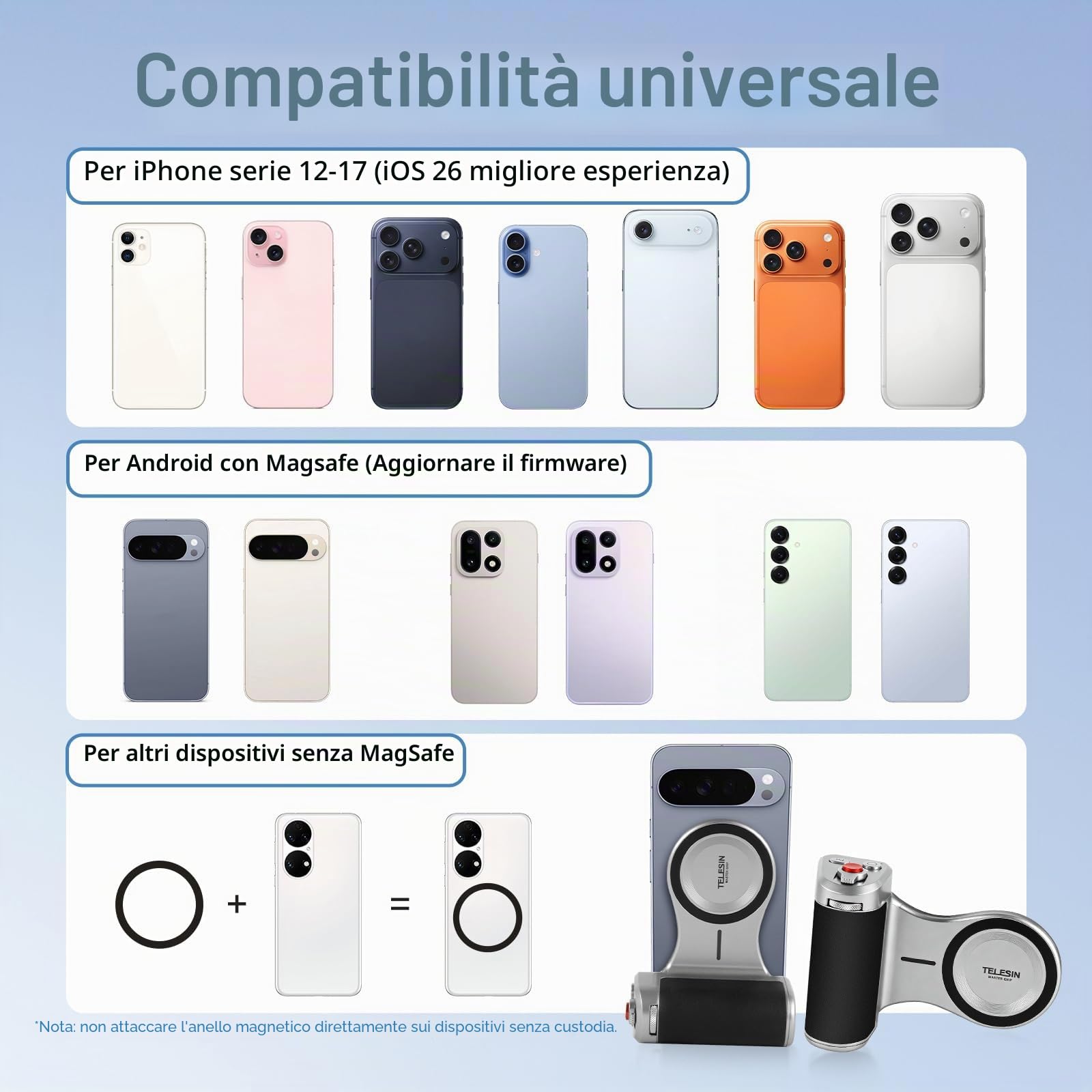 Impugnatura Master Grip per iPhone e Android, impugnatura magnetica per foto con batteria da 3200 mAh, ricarica wireless, kit professionale per scatti con smartphone per iPhone 17-12 e Android
