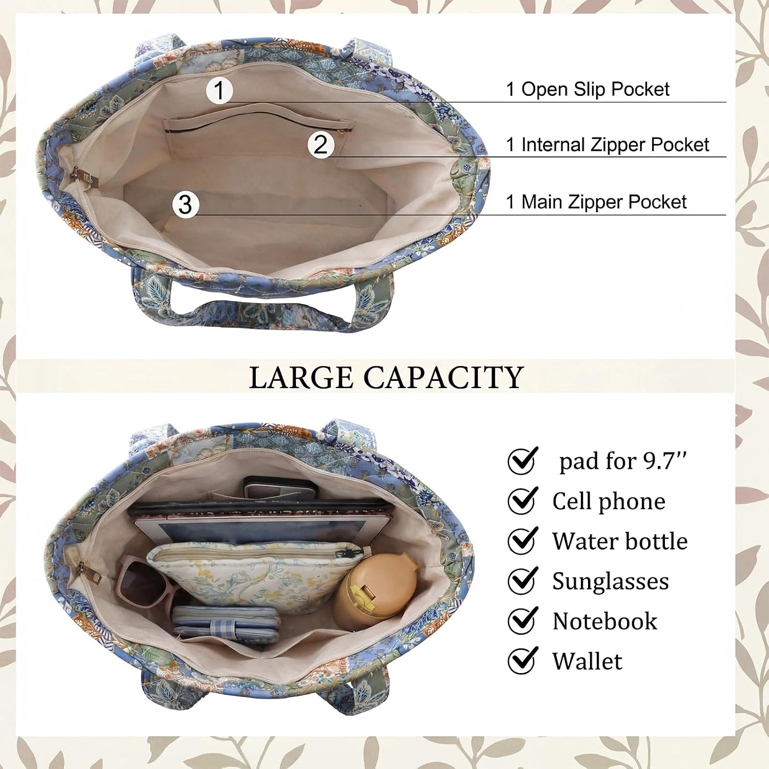 Quilted Tote Bag for Women Small Vintage Floral Shoulder Bag Handbag with Zipper Interior Poeckt for Work Travel