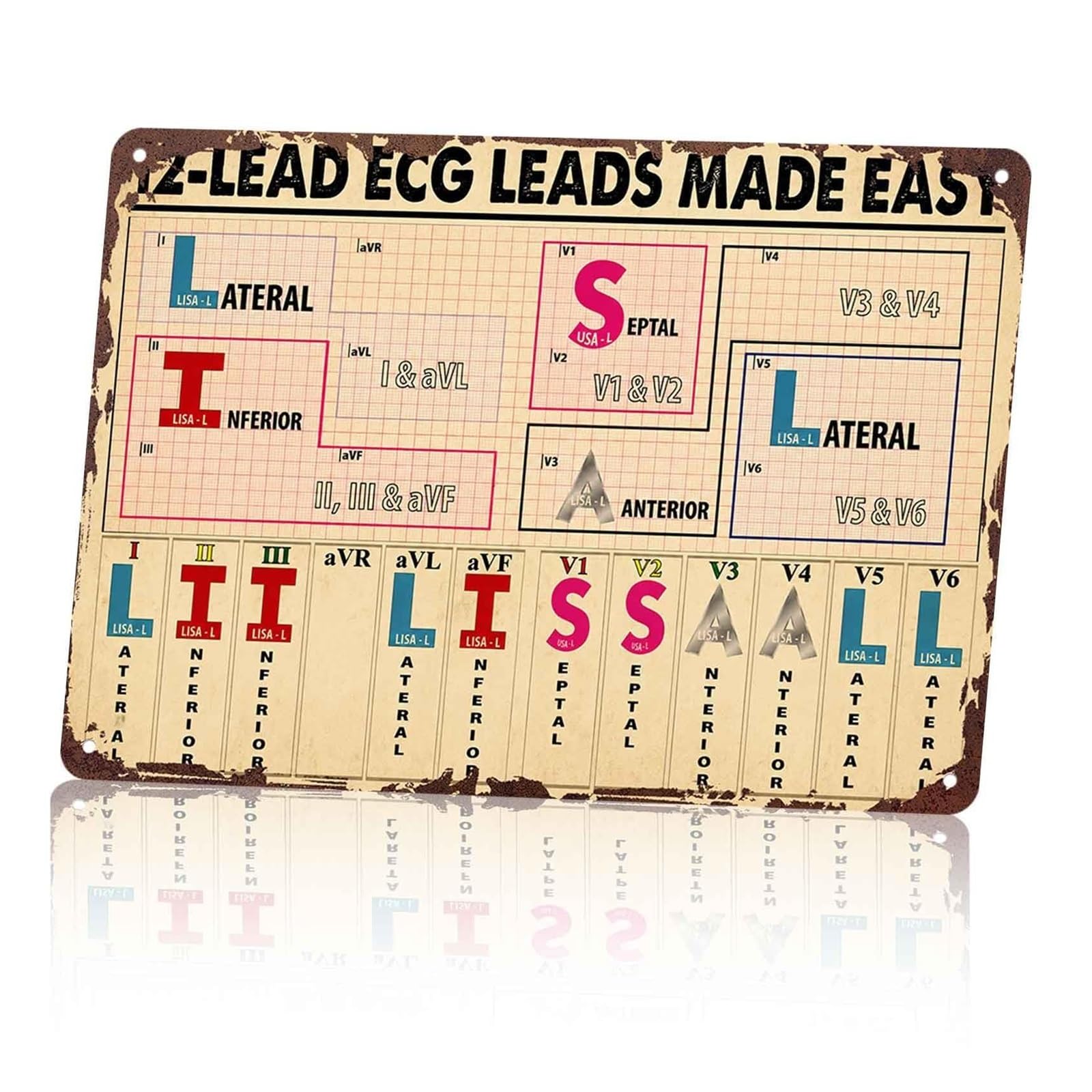 ICYJRFHLTF 12 Lead ECG Placement Metal Sign Unframed Tin Sign for Classroom Laboratory Health Science University Dorm 8 X 12 inch