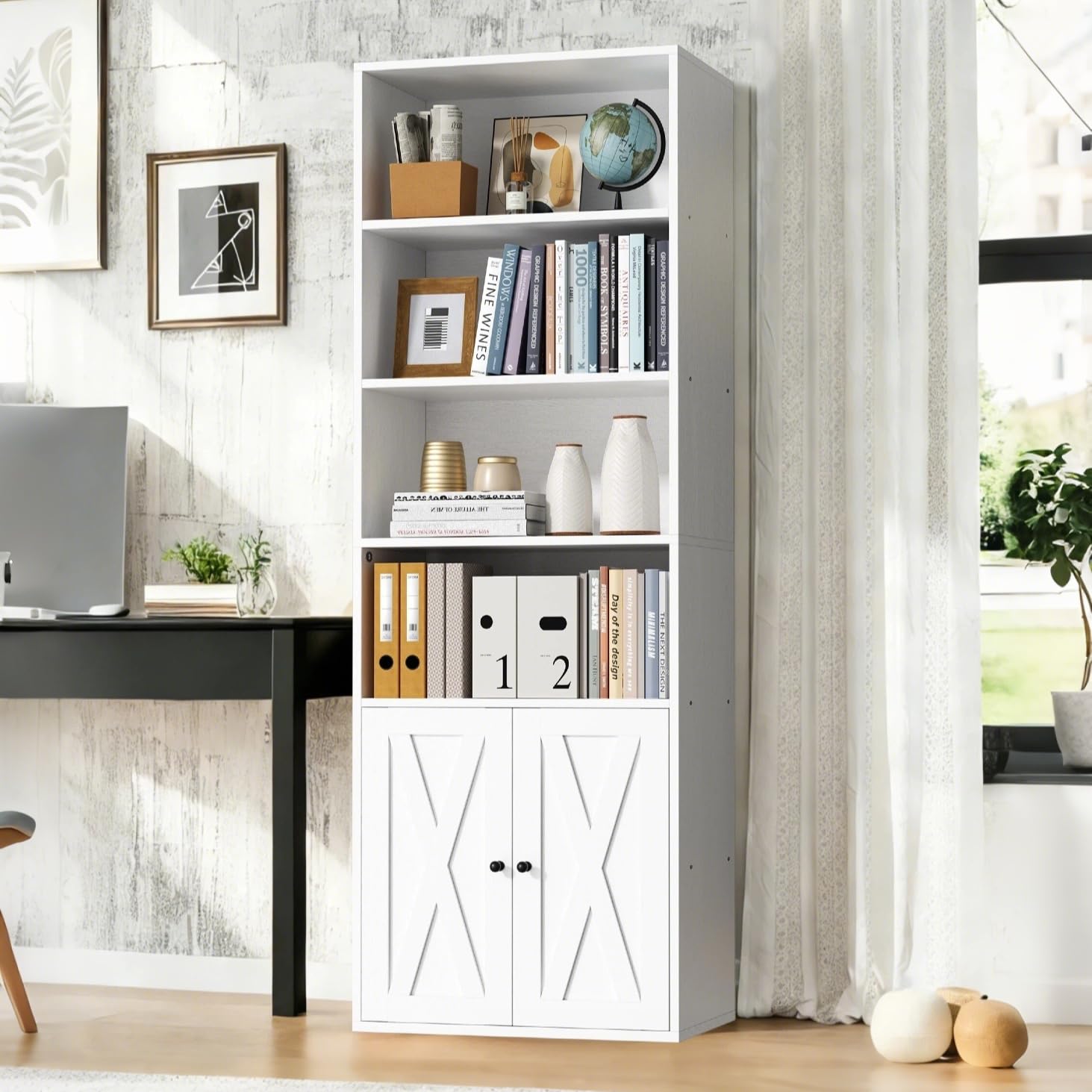 Vongrasig 6-Tier Open Bookcase and Bookshelf with Doors, Floor Standing Farmhouse Display Storage Shelves 71 Inch Wood Tall Bookcase for Home Office,