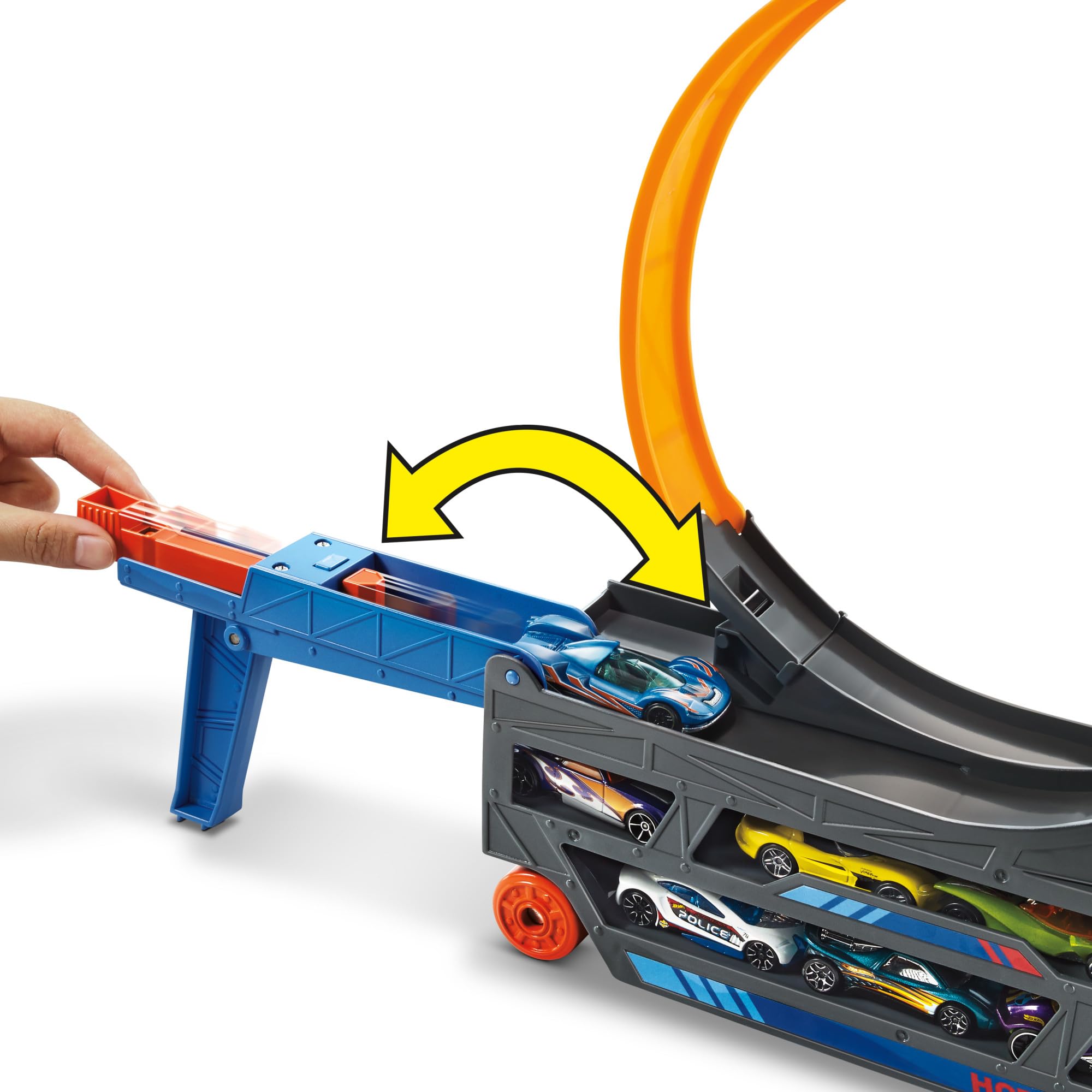 Zestaw Hot Wheels z ciężarówką transportową, dużą pętlą ze składaną wyrzutnią, miejscem dla 18 metalowych pojazdów w skali 1:16, dla dzieci powyżej 3 roku życia, GCK38