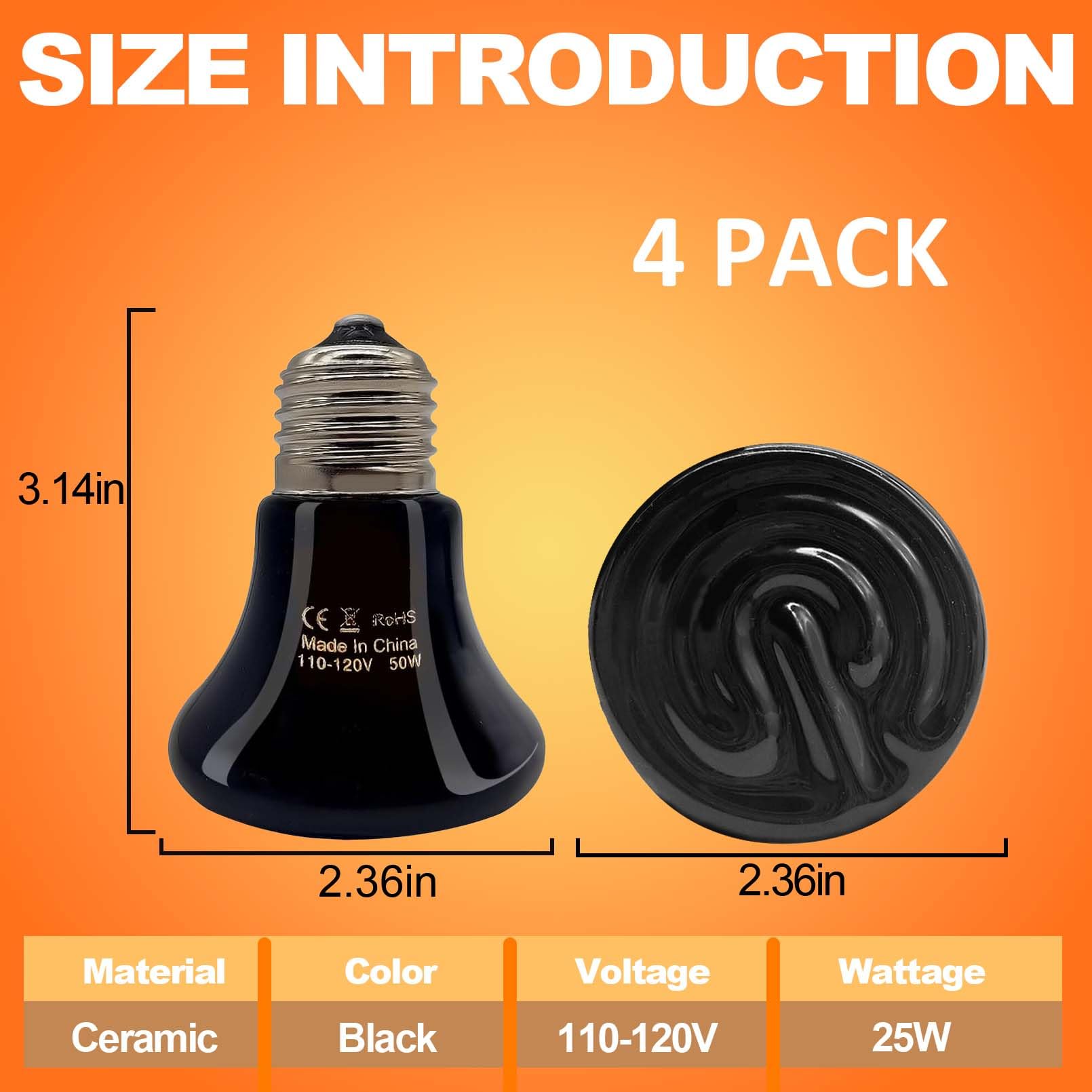 BNOSDM Reptile 100W Ceramic Heat Emitter,4 Pack Reptile Heat Lamp Bulbs,Ceramic Heat Lamp,Brooder Coop Heater for Amphibian Reptile Lizard Turtle Chicken - image 2