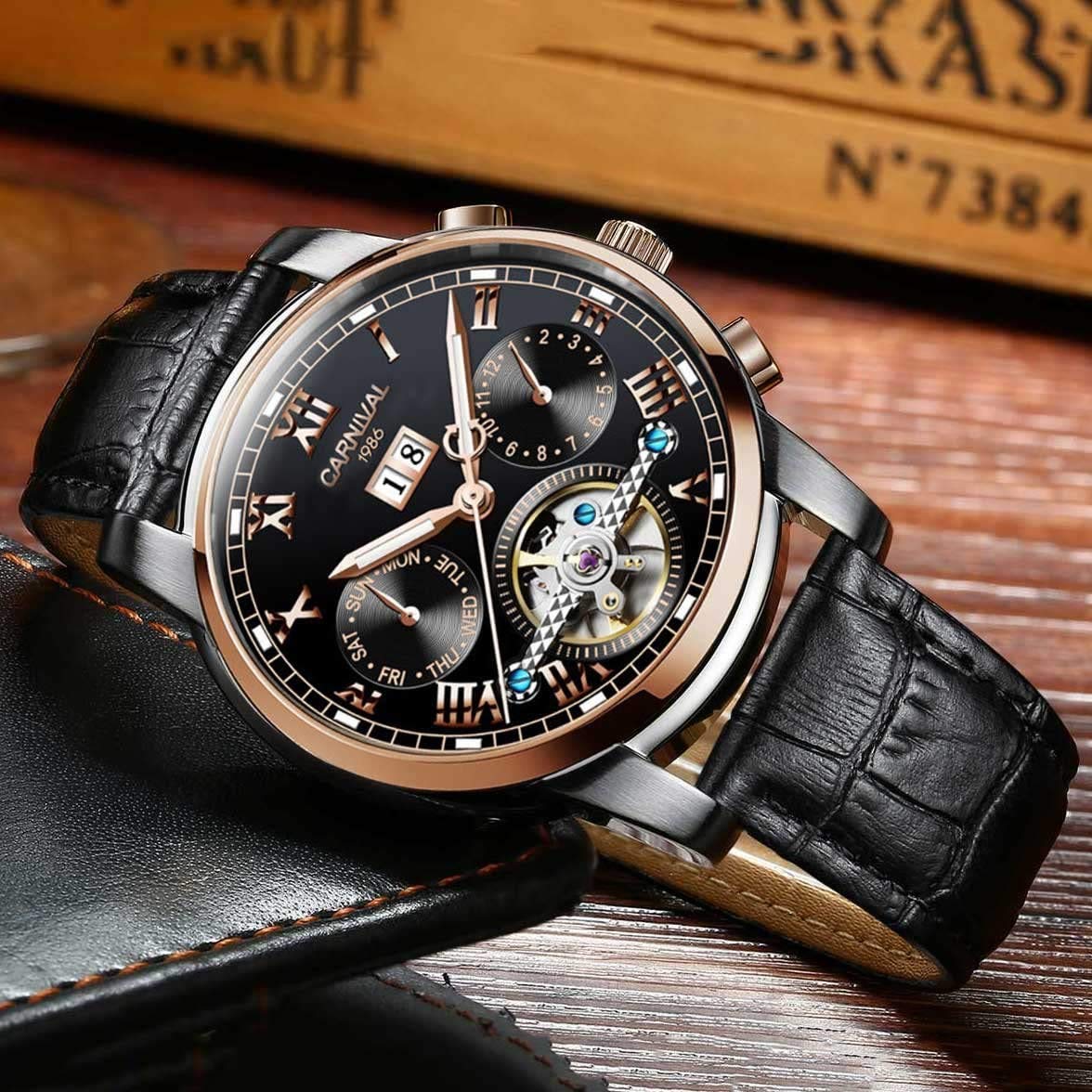MASTOP Herren Tourbillon Automatik Mechanische Uhr Edelstahl Saphir Wasserdicht Leuchtende Leder Uhren