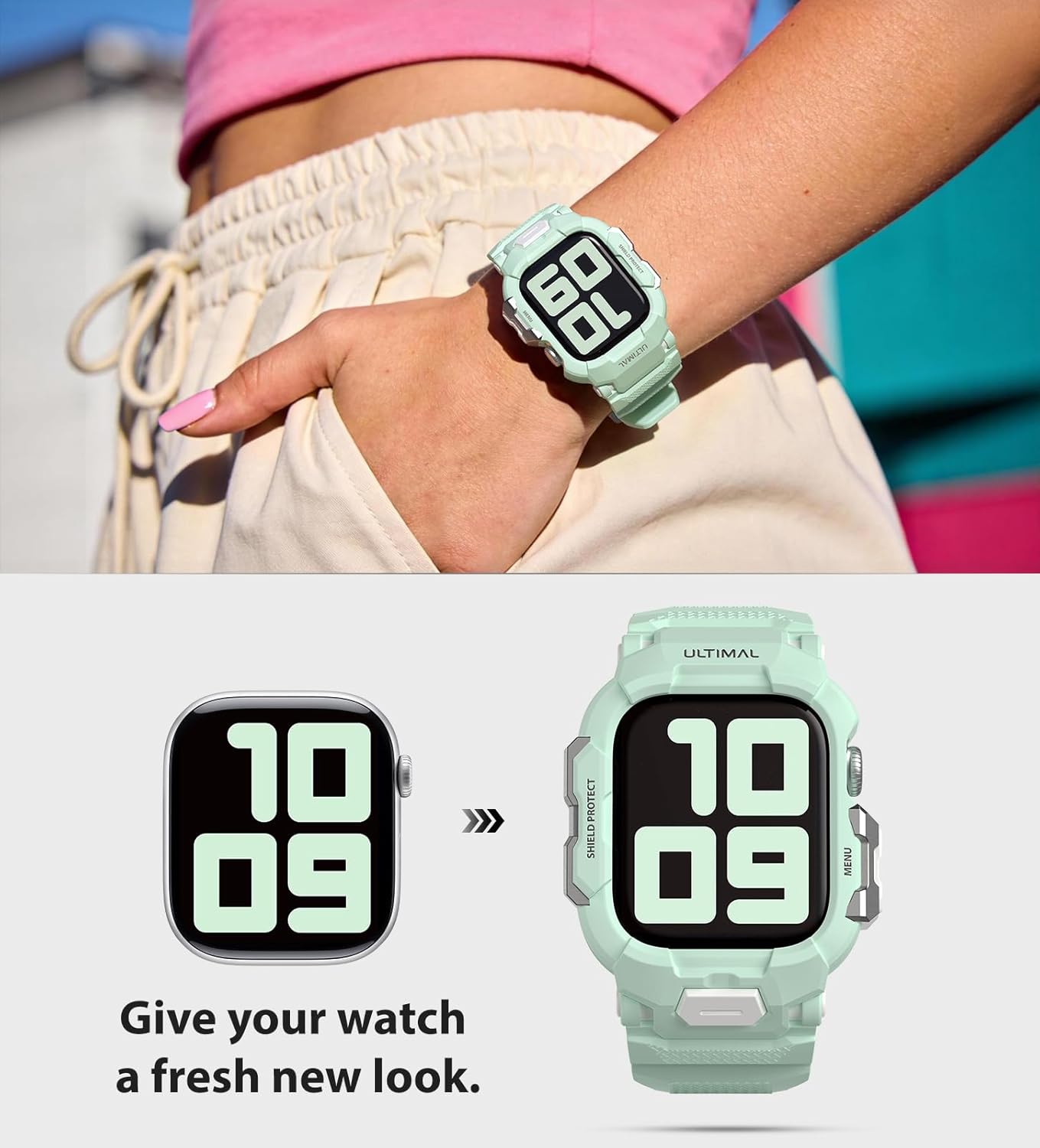 ULTIMAL Sport Case Band Compatible with Apple Watch Series 11 10 42mm, Full Protective Shockproof & Scratch Resistant Rugged Bumper for Women Men(Green)