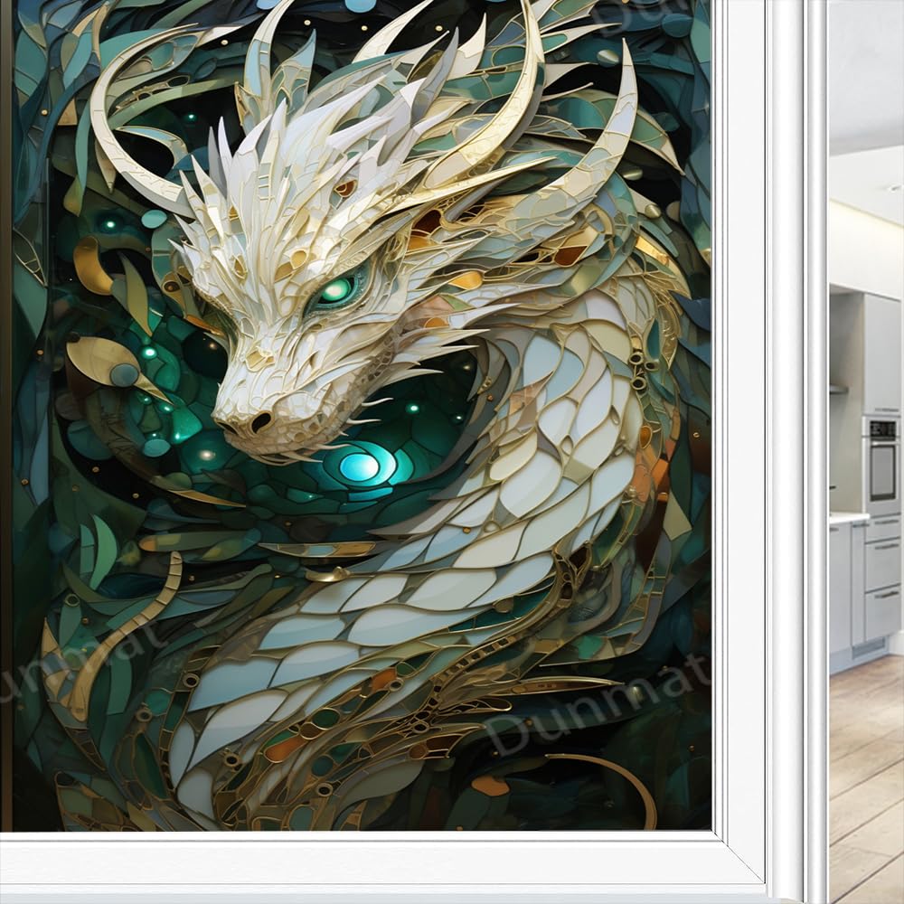 Vintage White Dragon Privacy window film Traditional Mysterious Beautiful Animal Static Cling Window Film Home Windows Glass Decorative Door Covering Sun Blocking 90 x 140 cm