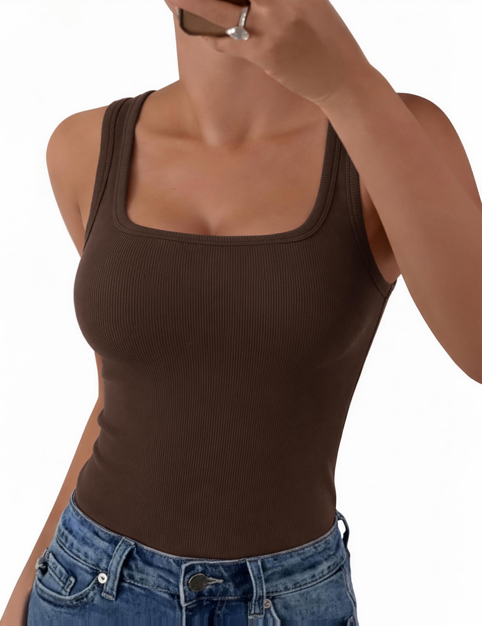 Aottori Camiseta sin Mangas Mujer Verano Cuello Cuadrado Tops Ajustado Elástico Camisetas Tirantes Elegante Punto Tank Top Sólido Básica Chalecos Top — view 21
