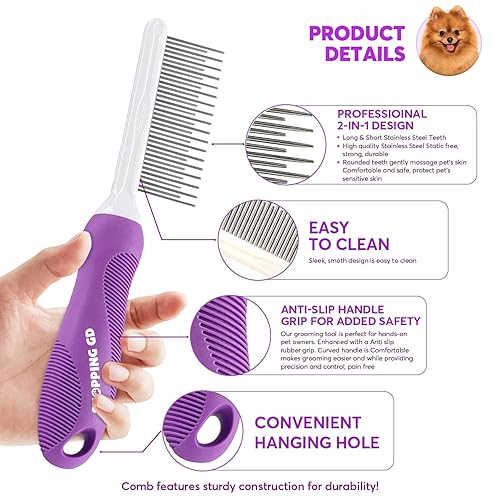 Miniatura 2 de Peine desenredante para mascotas para perros y gatos con dientes metálicos largos y cortos de acero inoxidable para eliminar enredos y nudos.