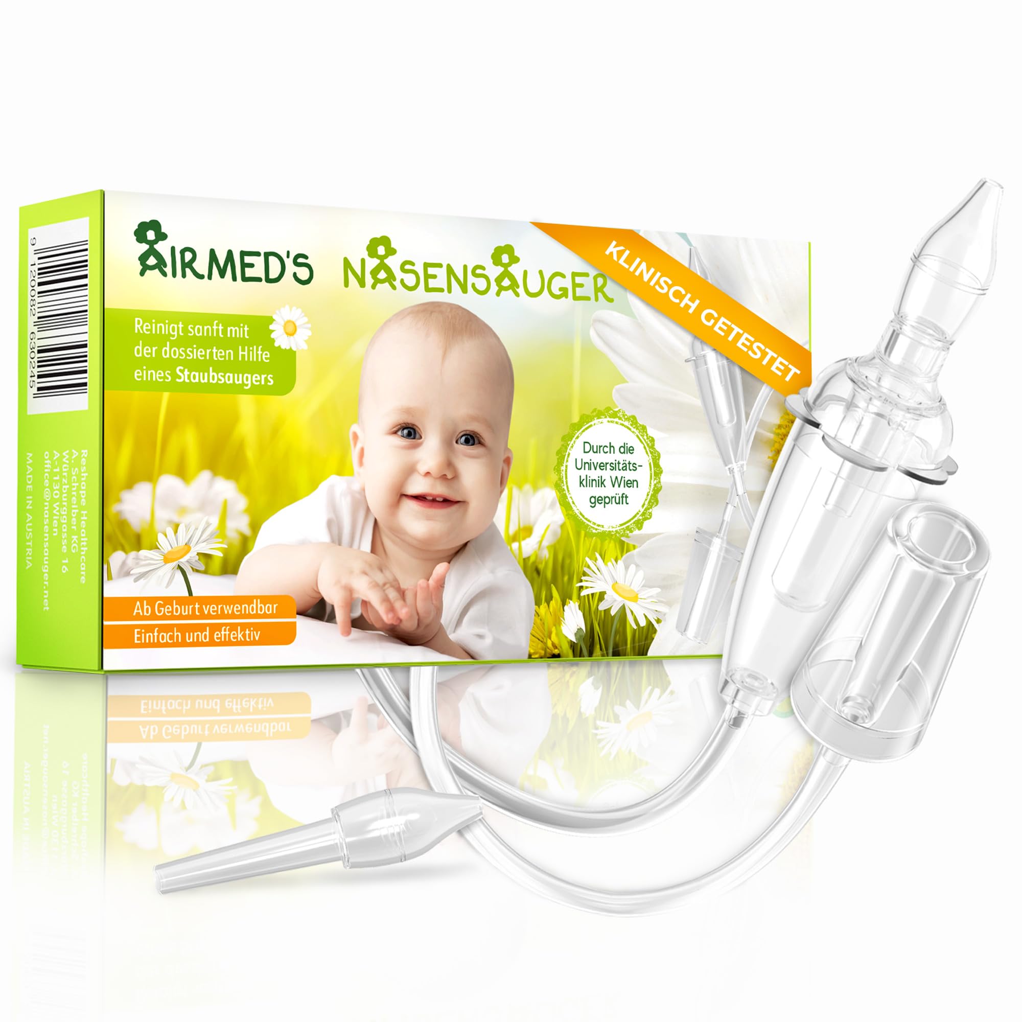 Nasensauger Baby. Original Airmed's Nasensauger. KLINISCH GETESTET, sicher und sanft. Nasensekretsauger mit 2 Saugköpfen & Gratis Reinigungsbürste. Für jeden Staubsauger geeignet