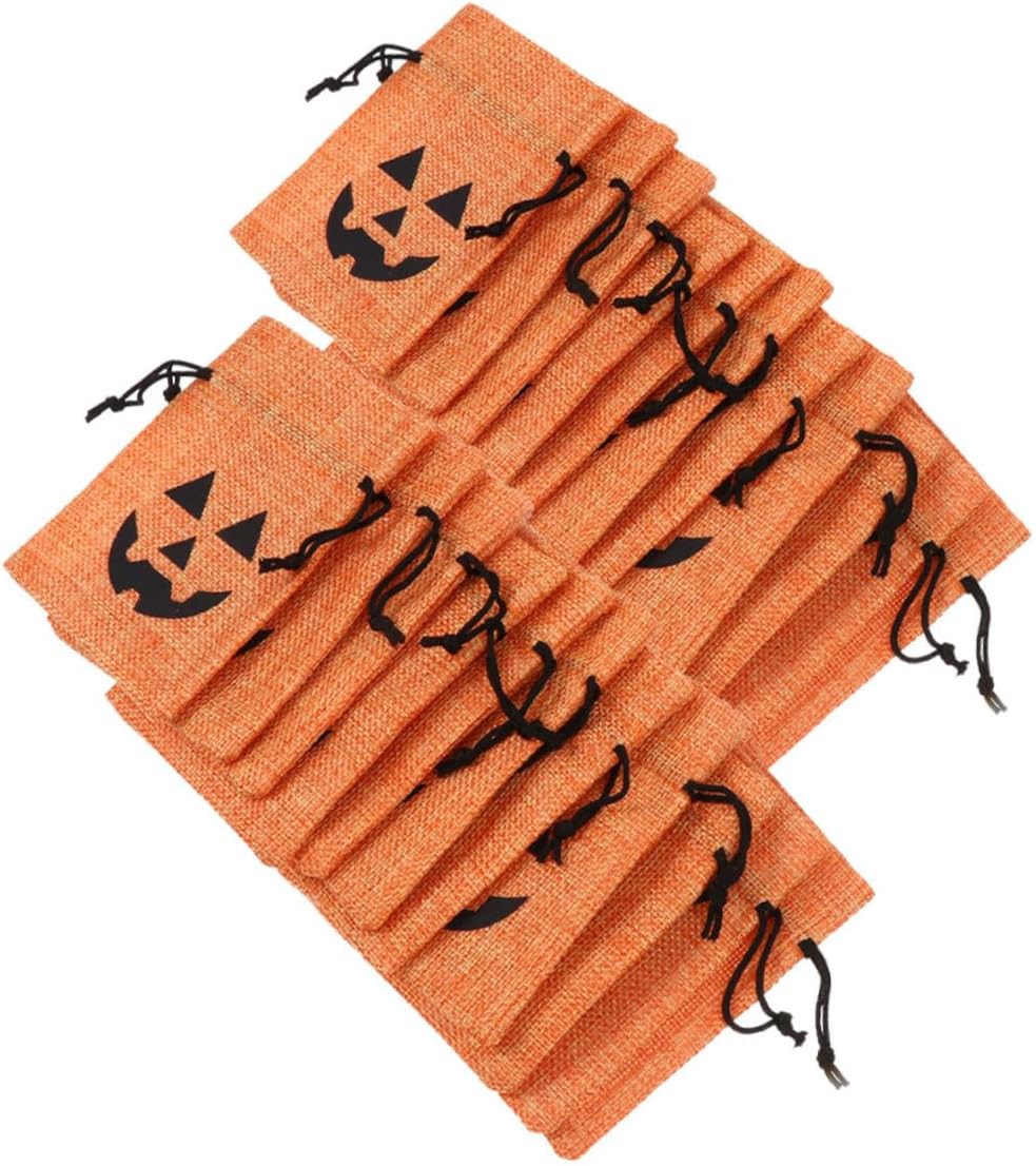 TOPPERFUN Halloween Burlap Bags Set 50pcs Orange Pumpkin Drawstring Packaging Bags for Candy Party Favors Treats Wrapping Halloween Party Supplies and Adults