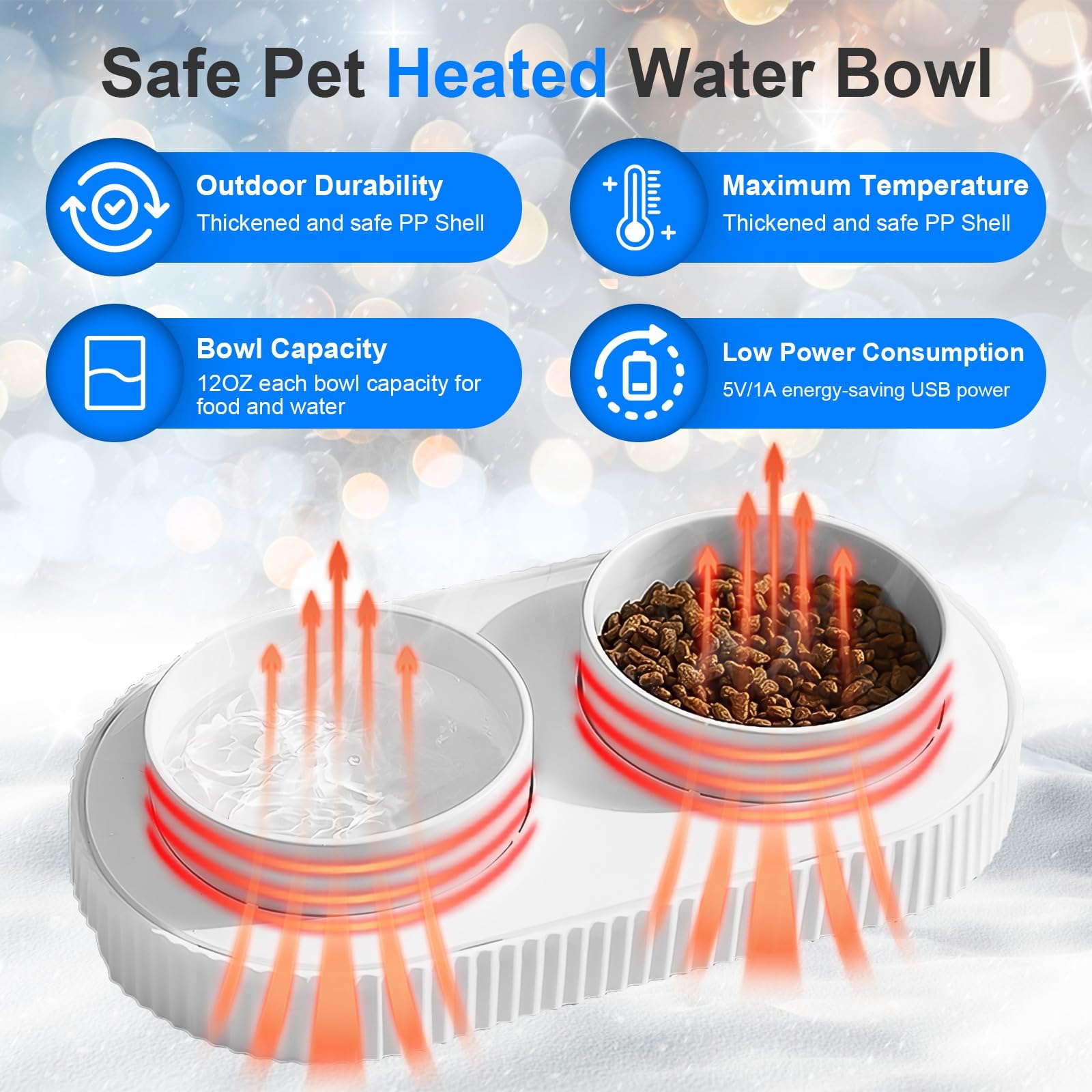 TeqHome Heated Water Bowl for Dog and Cat, Outdoor Heated Cat Bowl with Double Ceramic Bowls, Thermal Pet Bowl with USB, for Puppy Medium Dogs Cats, Provide Non Freezing Food and Water (2 Bowl)