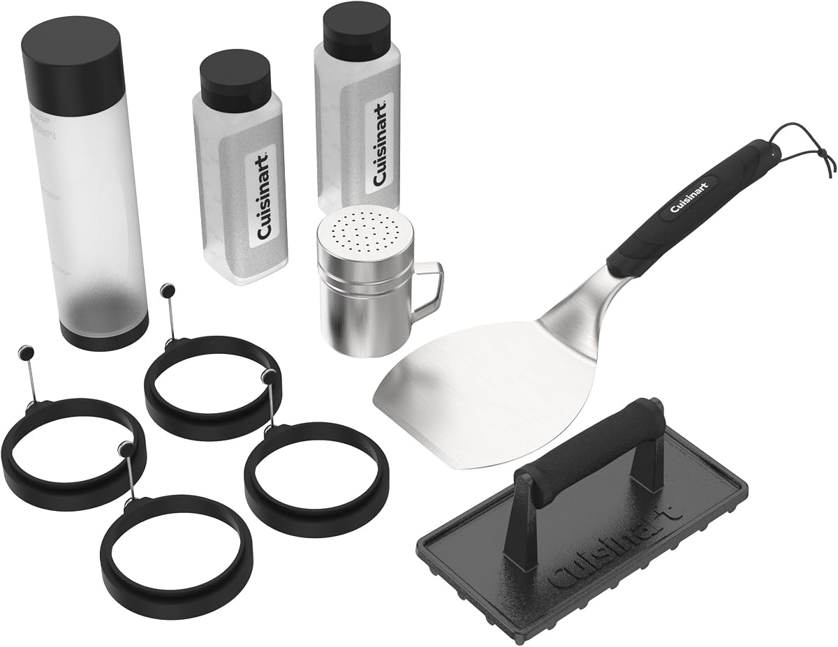Cuisinart Juego de herramientas para plancha de 10 piezas, espátula de acero inoxidable, prensa para hamburguesas de hierro fundido, botellas exprimibles, agitador de condimentos, anillos de silicona para huevos, elementos esenciales para parrilla perfectos para barbacoa, portones traseros, camping