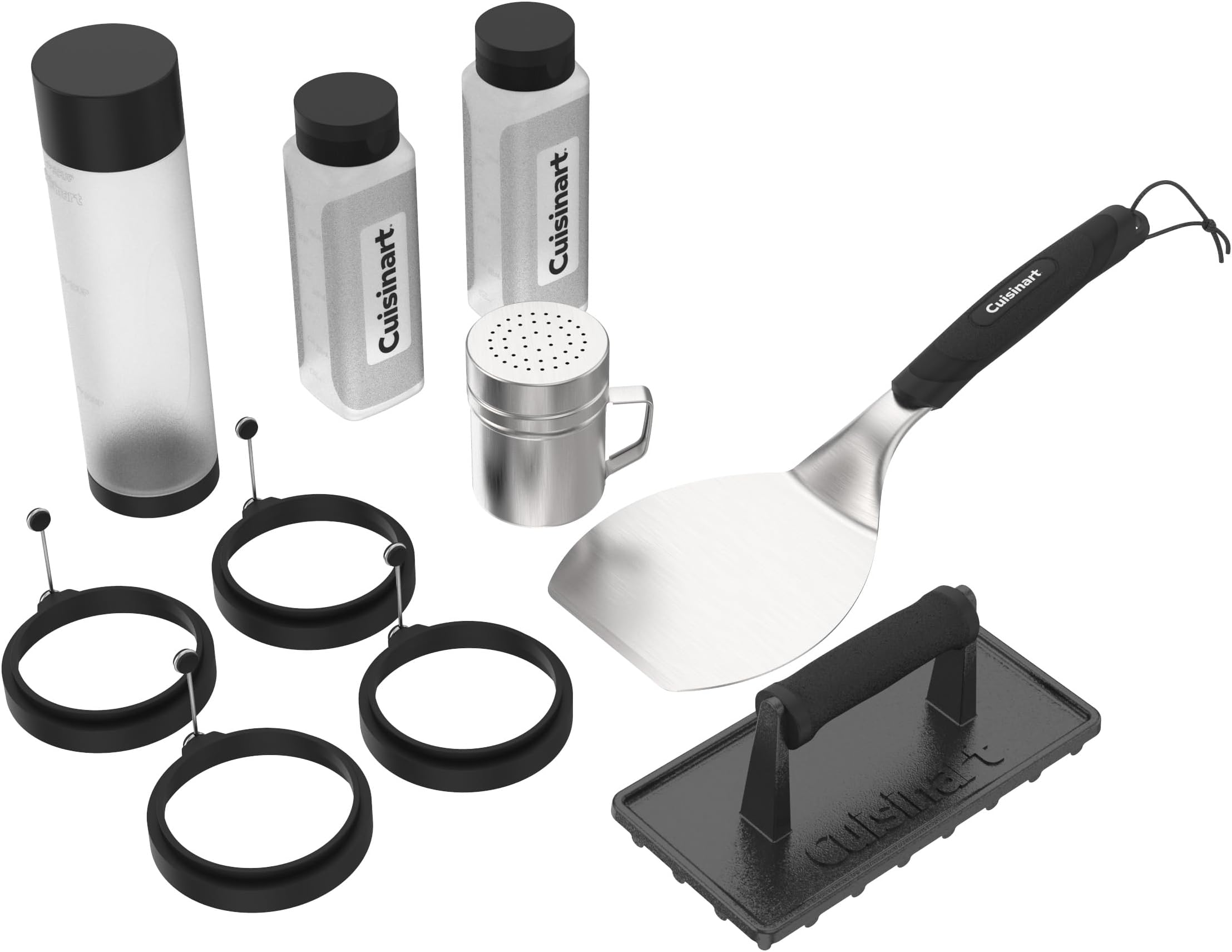 10-Piece Griddle Tool Set, Flat Top BBQ Set with Spatula, Burger Press, Shaker, Egg Rings, Pancake and Squirt Bottles, Griddle Accessories Kit for Camping, Tailgates and Cookouts