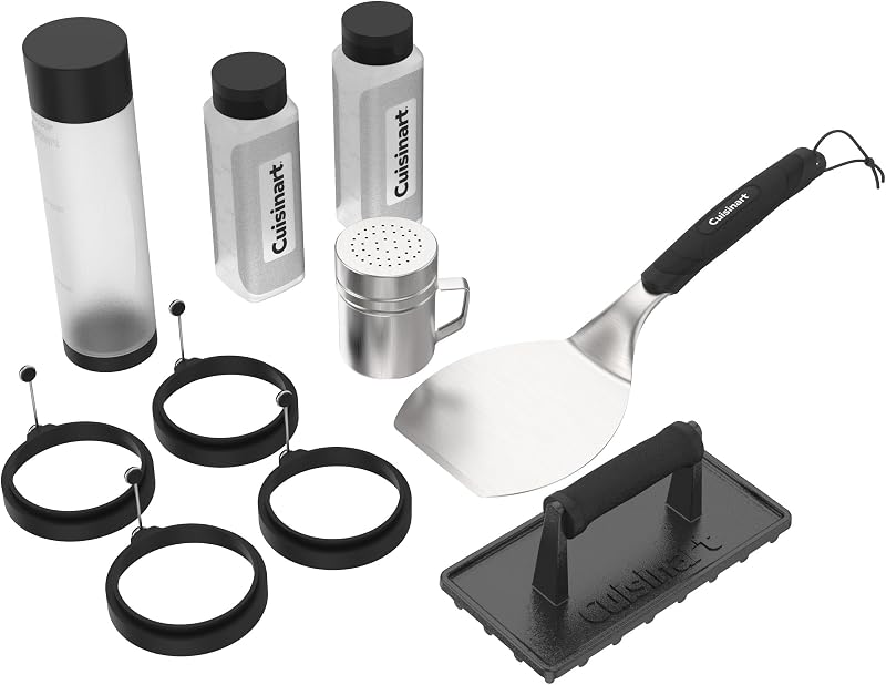 Cuisinart Juego de herramientas para plancha de 10 piezas, espátula de acero inoxidable, prensa para hamburguesas de hierro fundido, botellas exprimibles, agitador de condimentos, anillos de silicona para huevos, elementos esenciales para parrilla perfectos para barbacoa, portones traseros, camping