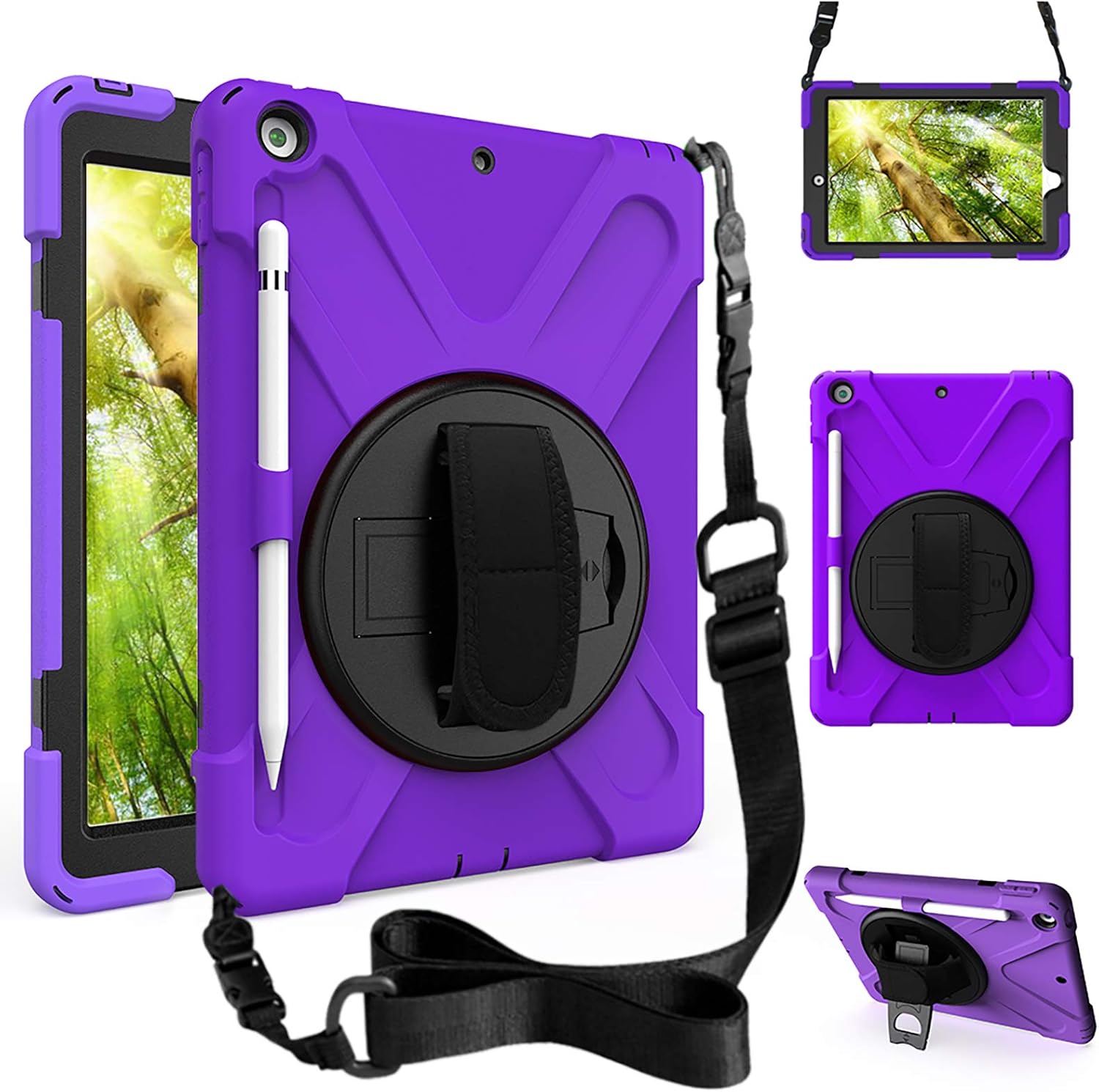 ZenRich Shockproof Case for iPad 9th/8th/7th Generation 10.2 inch 2021/2020/2019, Heavy Duty Rugged Case with Pencil Holder/360° Rotating Kickstand/Handle/Carrying Strap, Purple A-Purple