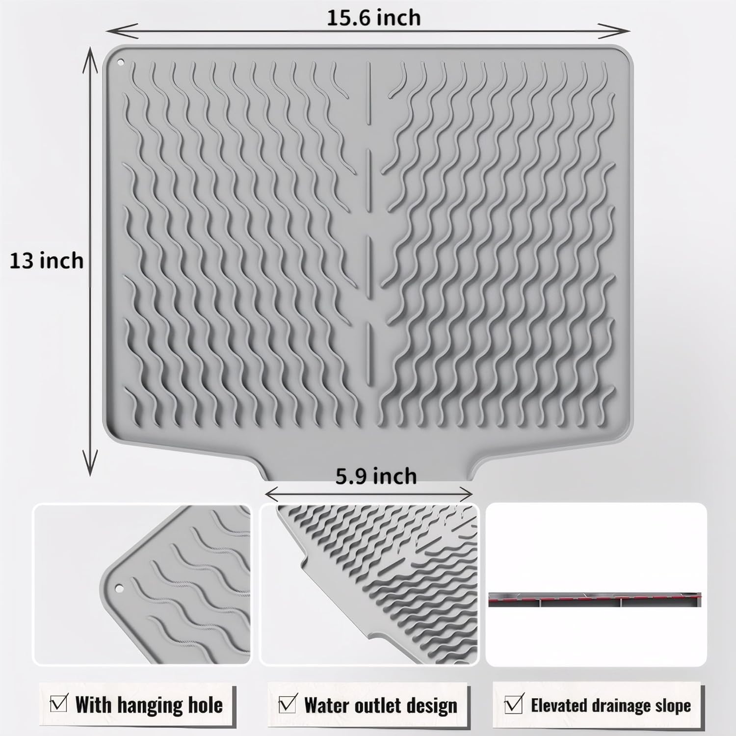Silicone Dish Drying Mat for kitchen Countertop, Heat Resistant Mats, Dish Drainers for Kitchen counter, Hot Pot Holders, Dish Drying Rack with Built in Drain,(Gray, 15.6"x13") - Image 7