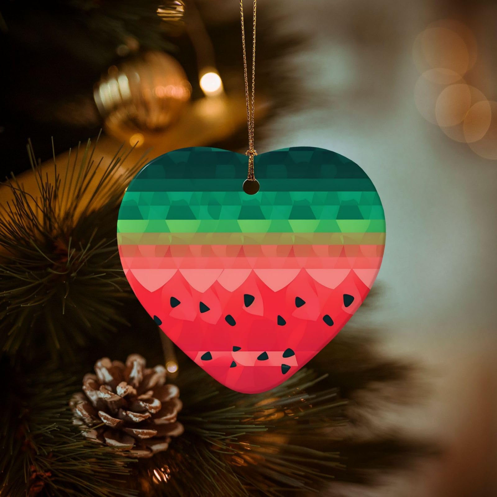 Christmas Tree Ornaments Ceramics Christmas Decorations Gradient Watermelon Ornaments with Gold Ribbon Porcelain Xmas Tree Crafts Heart Shape Hanging Pendant for Christmas Tree Party Decor