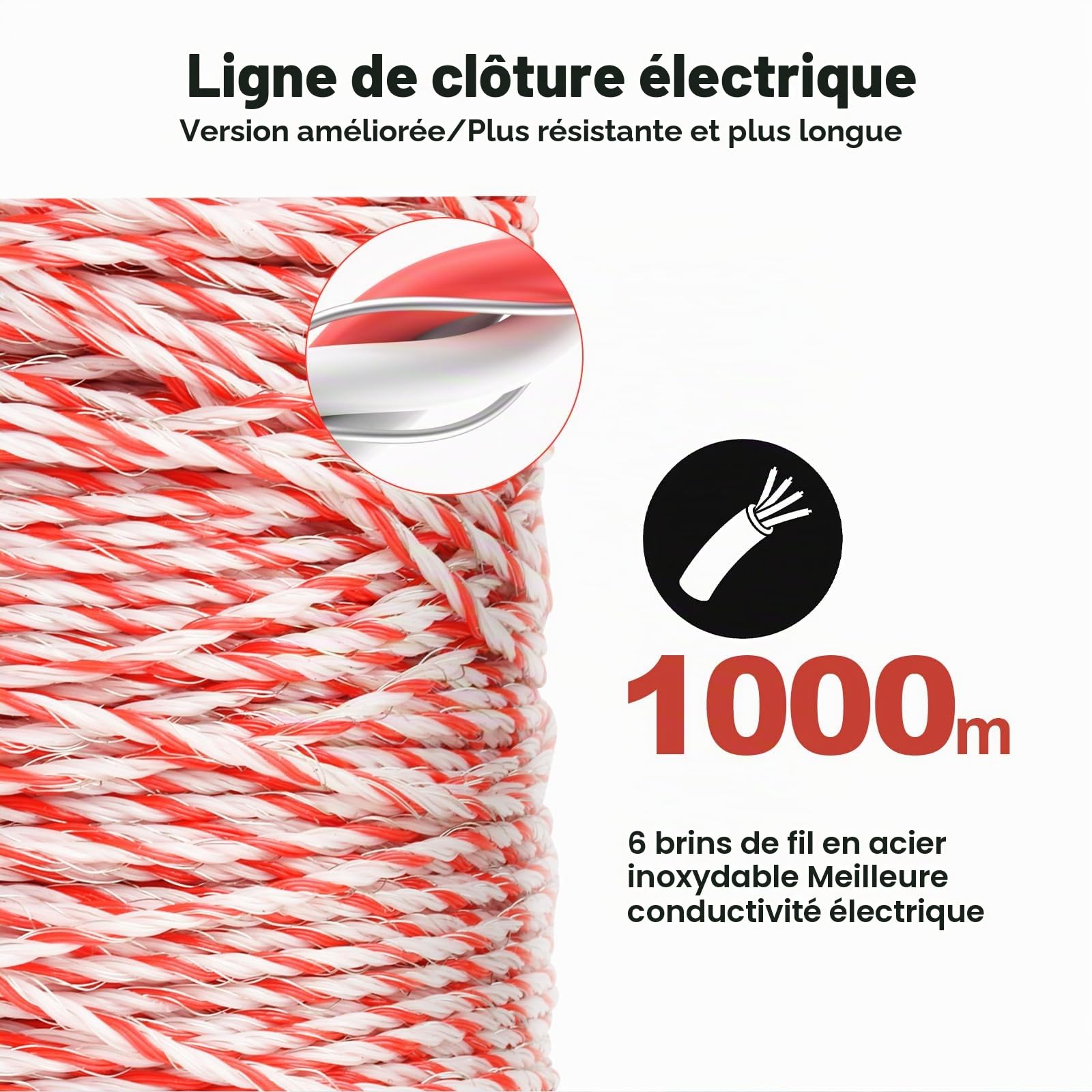 Corde de Clôture Electrique, Clôture de Fil de Bétail en Acier Inoxydable Corde Conducteur de Clôture Accessoires de Clôture Electrique pour (1000M) | Corde de Clôture Electrique Clôture de Fil de Bétail en Acier Inoxydable Corde Conducteur de Clôture Acc
