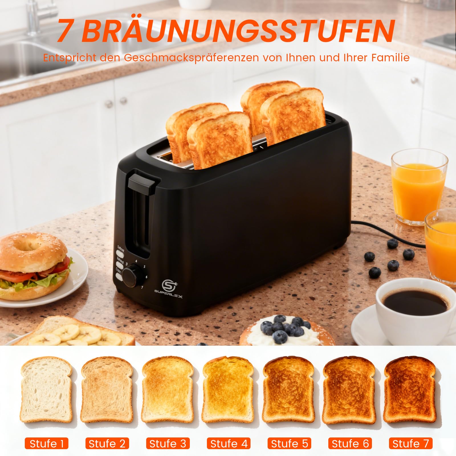 Tostapane a fessura lunga, 4 fette, 1450 W, 7 livelli di doratura, funzione scongelamento, riscaldamento e stop, con inserto per panini e cassetto briciole lavabile, per baguette, pane e
