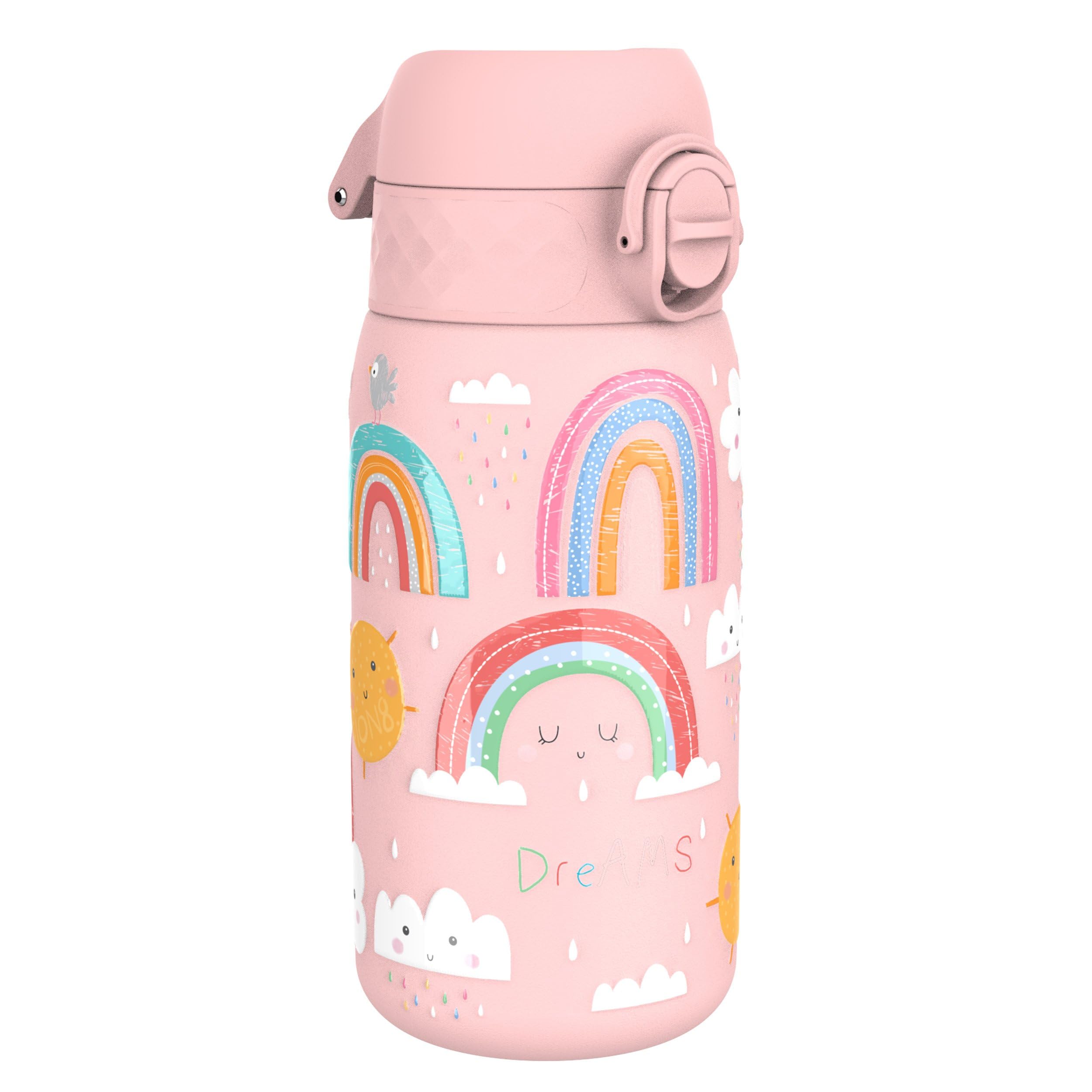 ion8 Botella Agua Inox Ligero para Niños, 400ml, Sin Aislamiento, a Prueba de Fugas, Fácil de Abrir, Cerradura Segura, Apta para Lavavajillas, Tapa Abatible, Fácil de Limpiar, Arcoíris