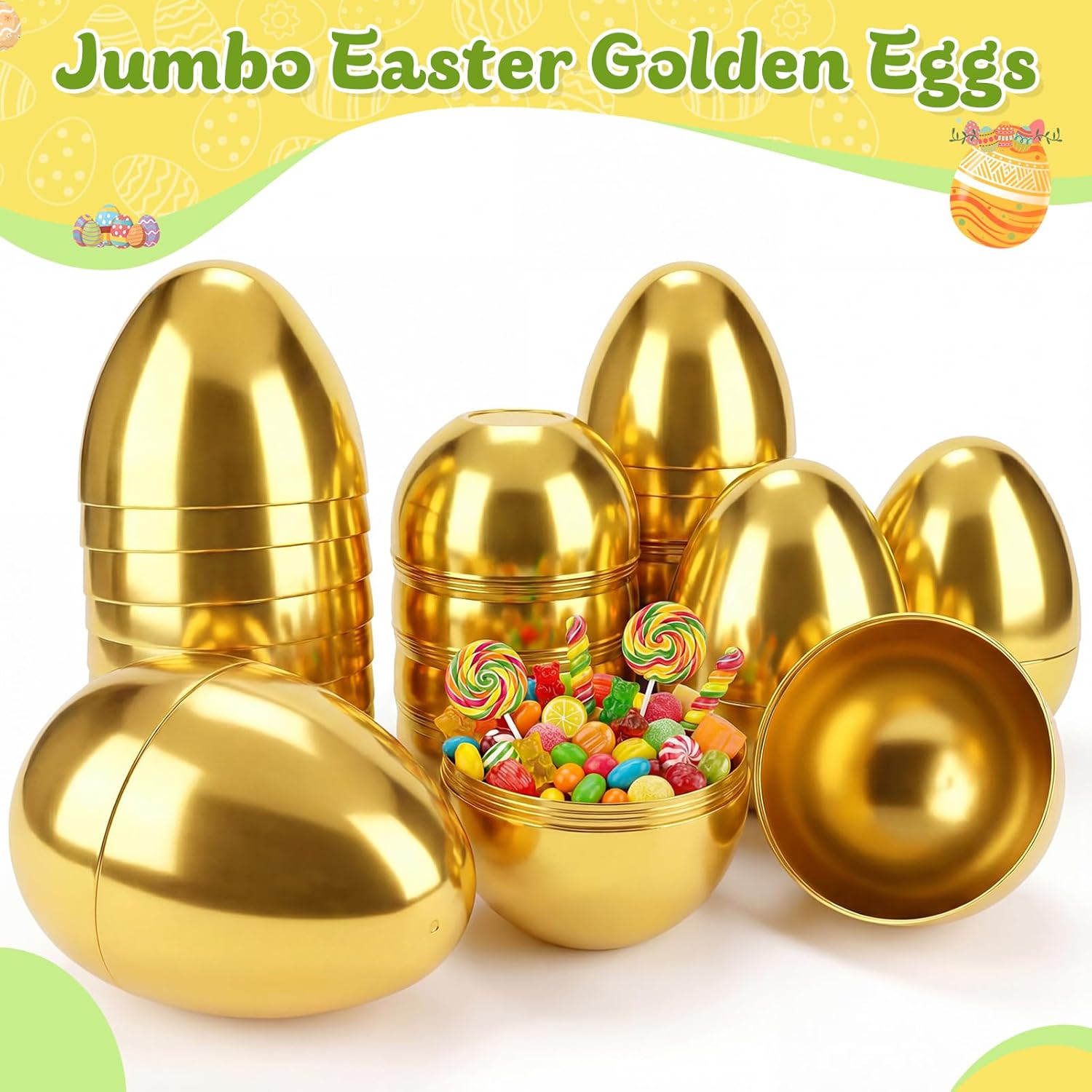 Condition photo showing New/Like New for 12 pcs 6" jumbo golden plastic easter eggs, metallic giant gold eggs empty easter eggs fillable, easter basket stuffers, party favor, classroom prize supplies for kids 6"-12pcs-gold