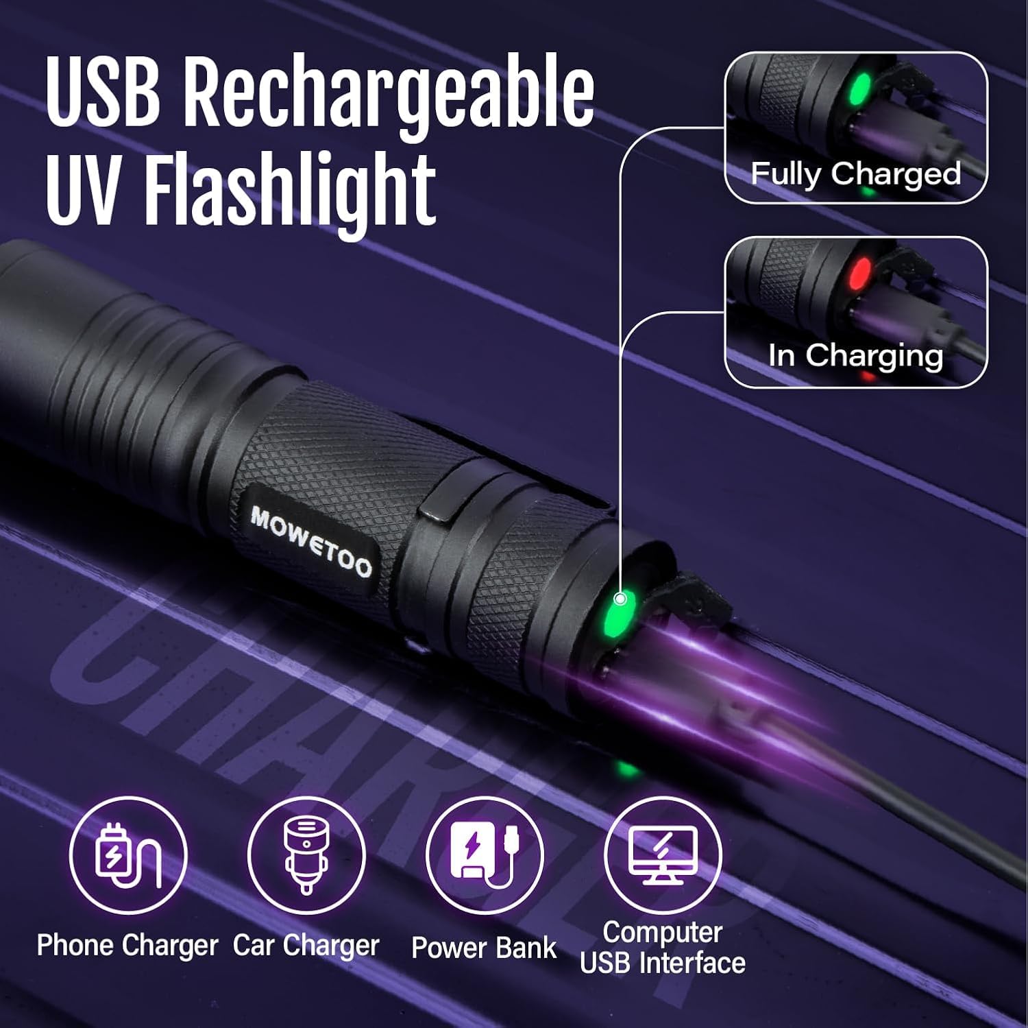 MOWETOO UV Torch Rechargeable - Mini LED UV Lamp Black Light Flashlight, 395nm Zoomable Ultraviolet Light Torch for Pet Urine Testing, Banknote Inspection - 5