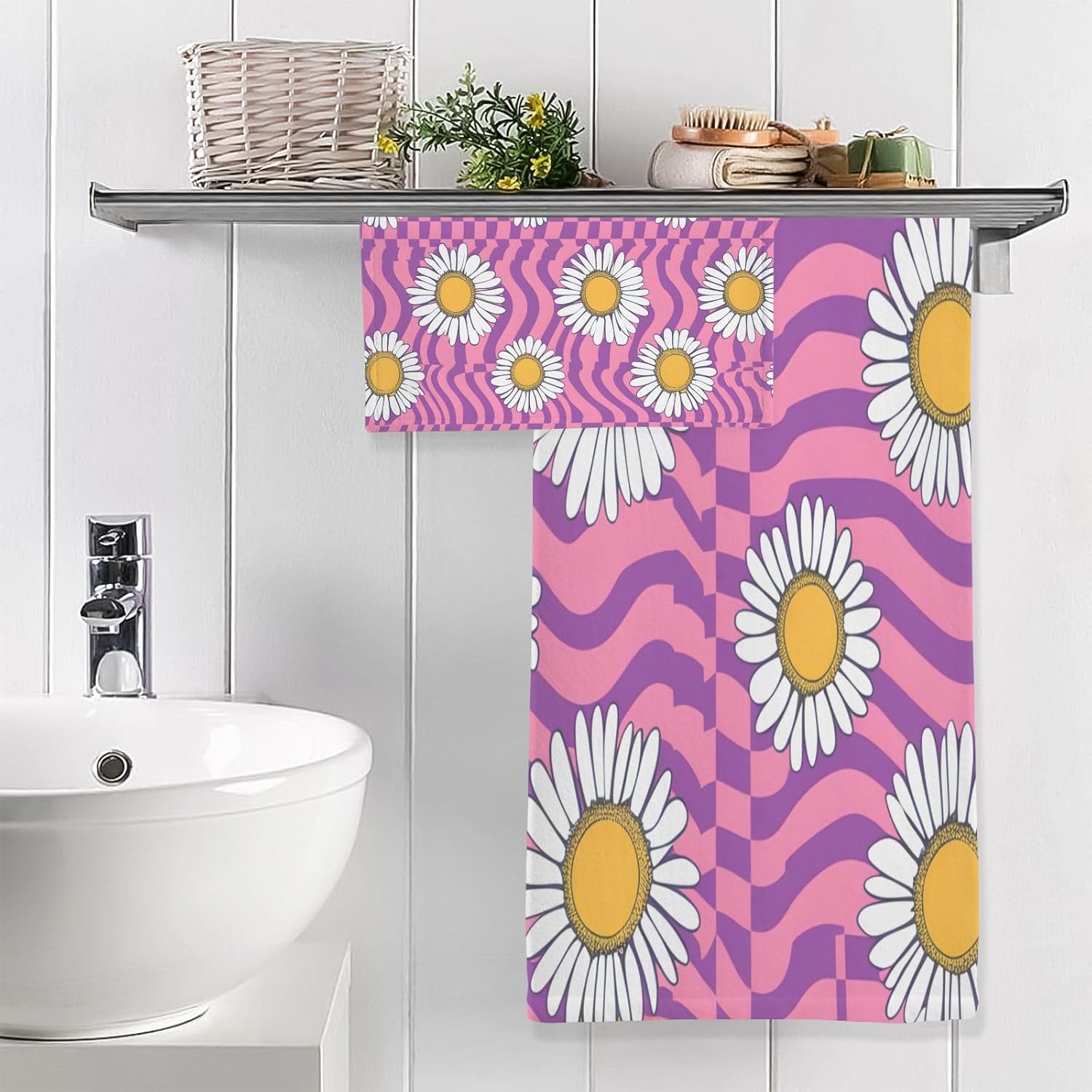 Hand Towels Premium Soft and Highly Absorbent Chessboard with Flowers Daisy 2 Pcs Towels for Bathroom Set 100% Cotton Decorative Face Towels