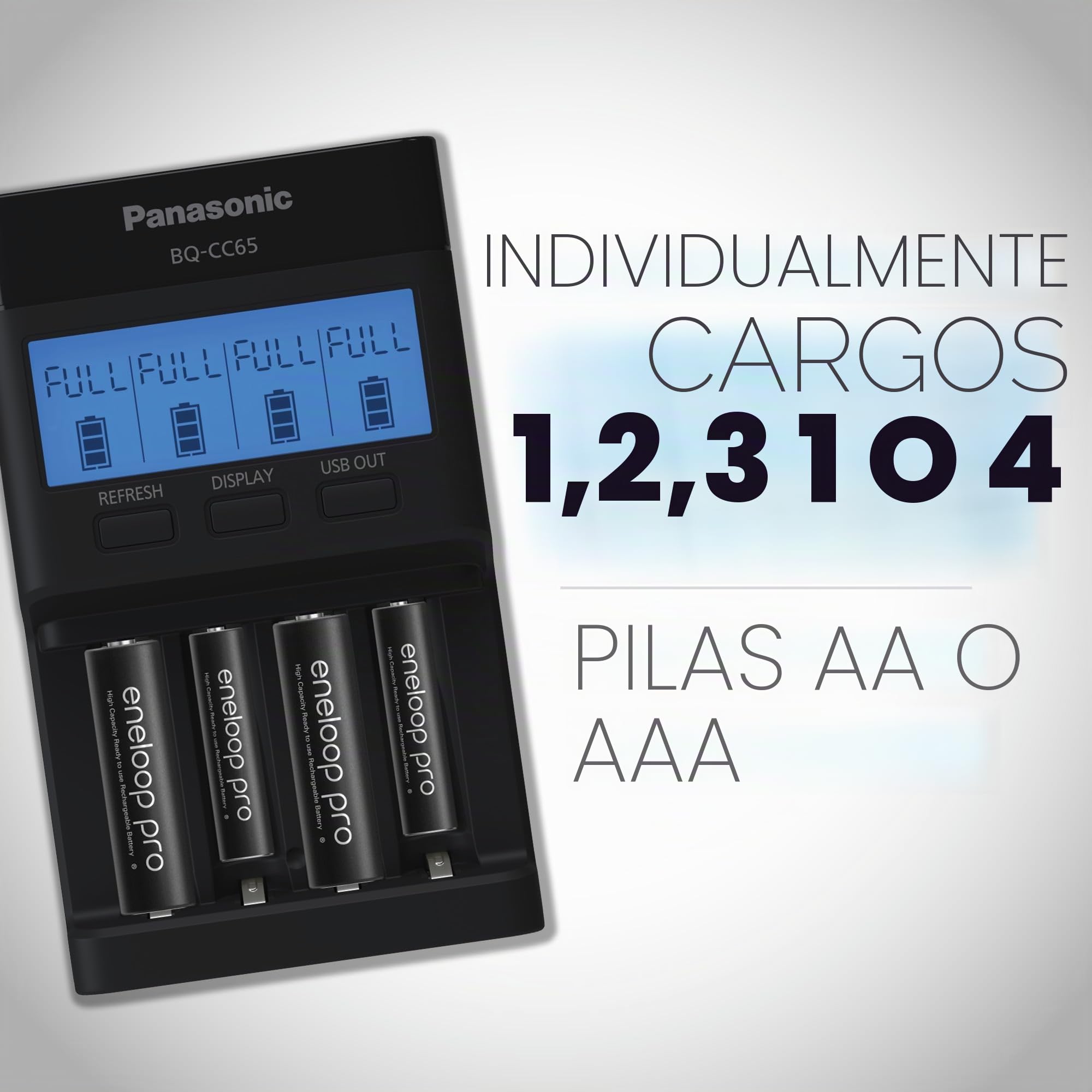 Panasonic BQ-CC65AKBBA Super Advanced Eneloop Pro y Eneloop Cargador rápido de 4 Posiciones con Panel indicador LCD y Puerto de Carga USB, Negro