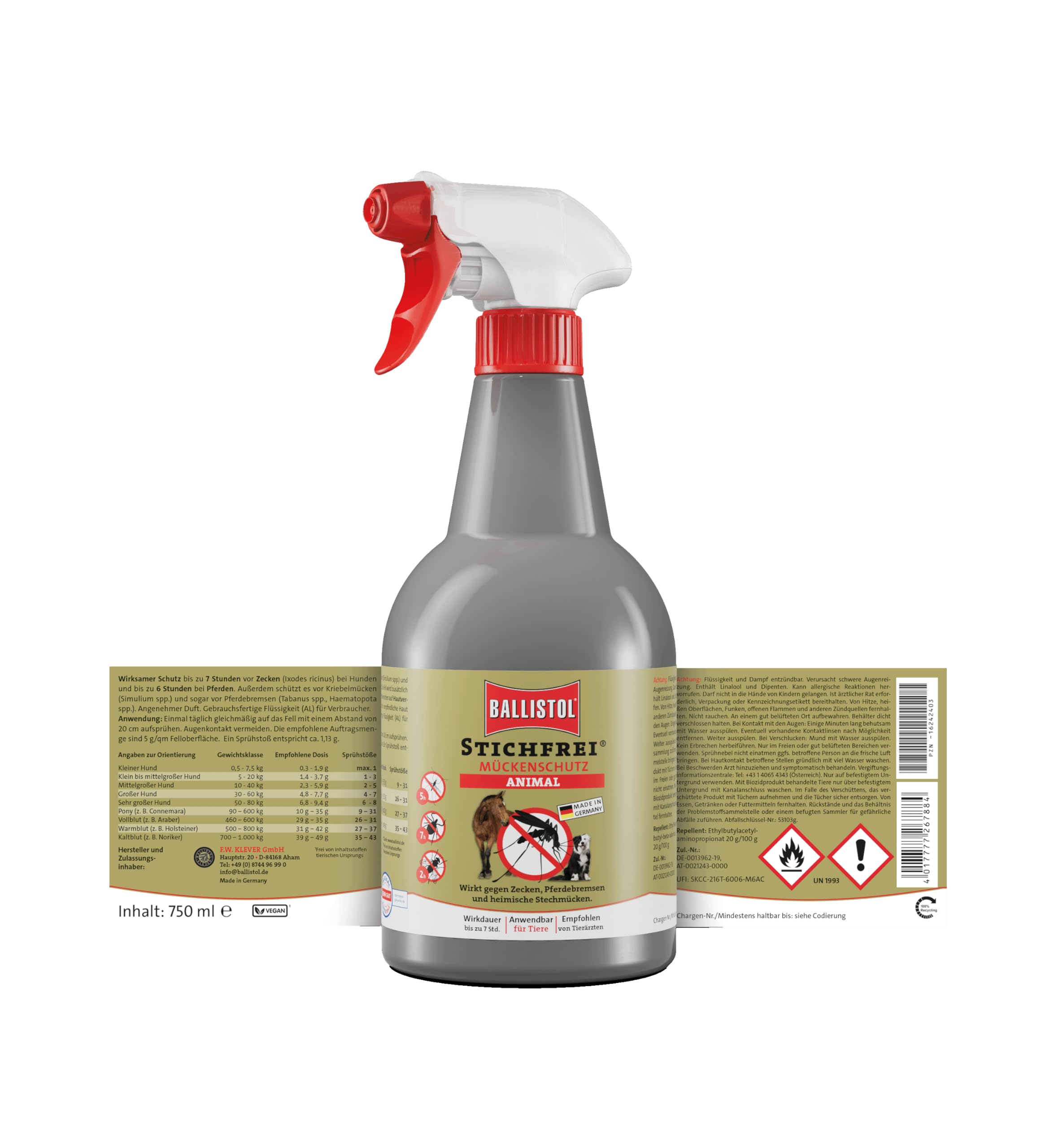 BALLISTOL 26788 Stichfrei Animal 750ml Spray – Tier-Schutz Insektenspray– 8h Schutz vor Mücken, Bremsen, Fliegen, Zecken