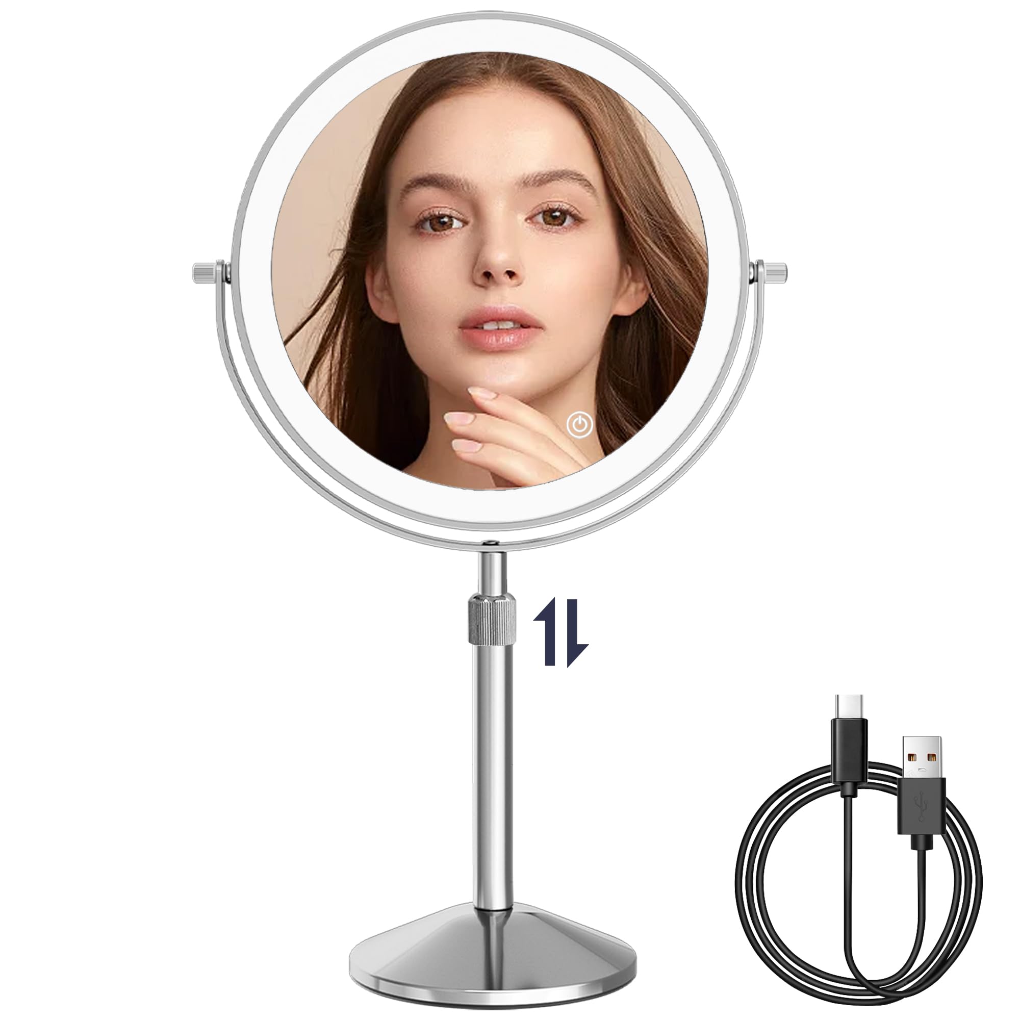 Lustro do makijażu ze światłami, lustro stołowe, 3 kolory podświetlane LED lustro toaletowe powiększające 10 x lusterko powiększające ze światłem, obrotowe lustro regulacyjne(chrom10X