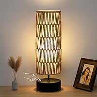 Seasidevillage Rattan Touch Control Table Lamp, 3-Way Dimmable Bedside Nightstand Lamp Black Base Dual Shade Boho LED Bulb Included