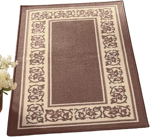 Collections Etc Alfombra decorativa antideslizante con borde floral, arena, 26 x 45 pulgadas