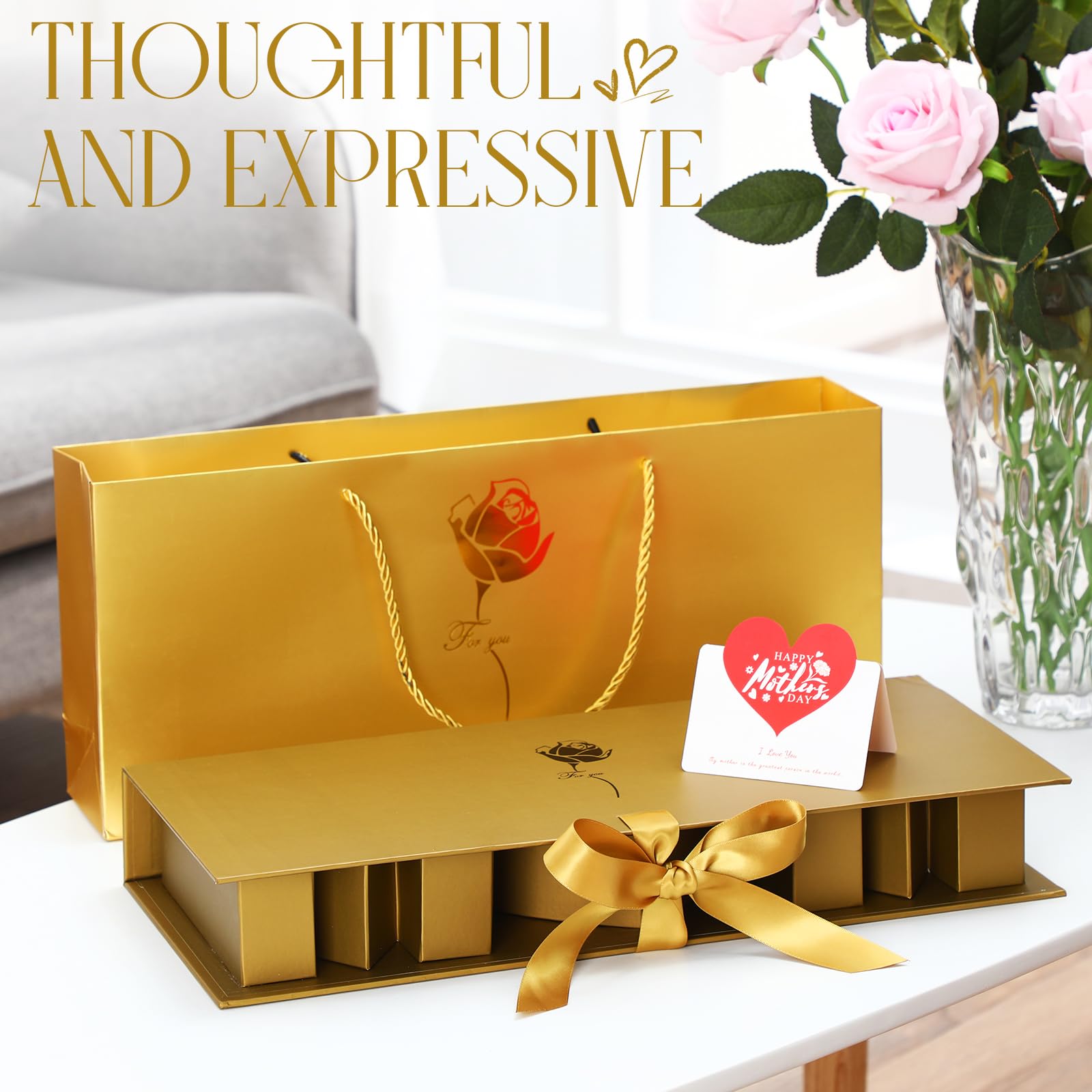 Ctosree 2 Sets Mother's Day Mom Flower Gift Box with 18'' x 7.7'' x 2.7'' Empty MOM Letter Shaped Box Gift Bags Greeting Cards for Mother's Day Birthday Flower and Arrangements(Gold)