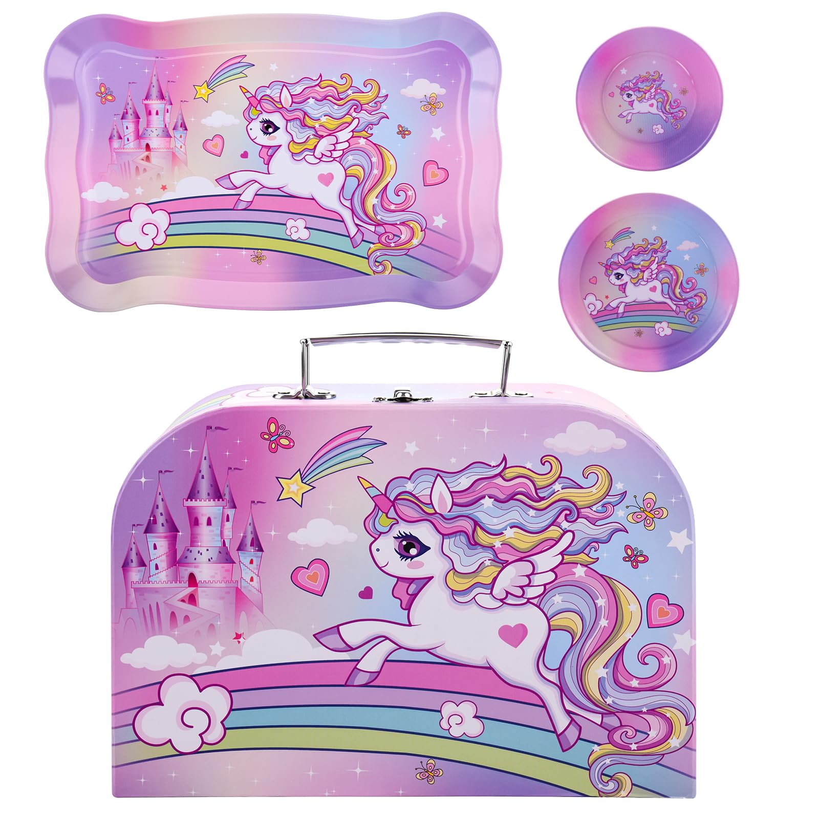 ARANEE Set da Tè Giocattoli Bambini Accessori Cucina Bambini Set da Tè in Latta Tea Party Finta di Giocare con Dessert Donut Giocattoli da Dessert Regalo per Bambina 3 4 5 6 7 8 Anno (Viola)