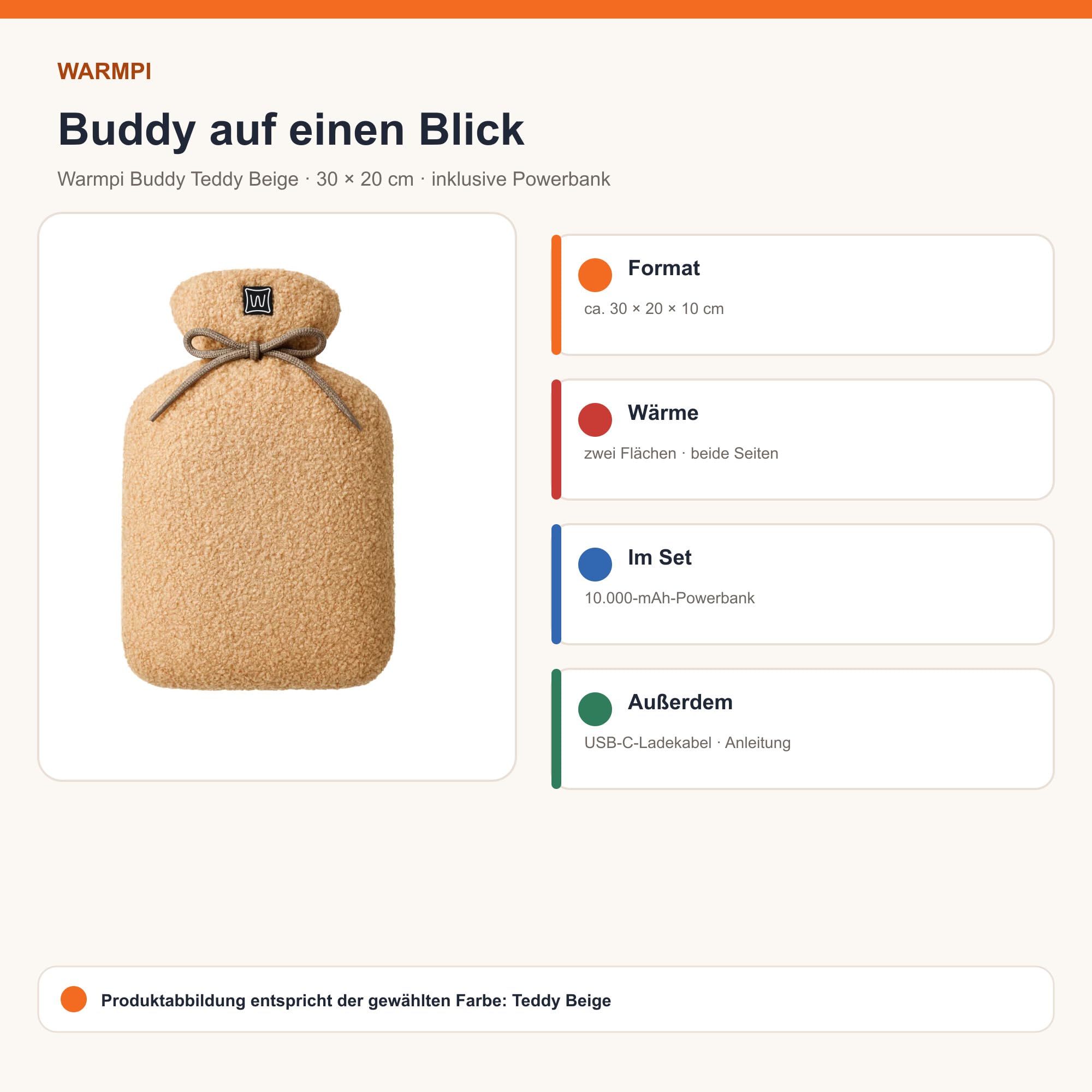 Buddy termofor bez wody, bezprzewodowy, ciepło po obu stronach, 3 stopnie regulacji 40/50/60°C, w zestawie z power bankiem 10000 mAh, 30 × 20 cm – Teddy Beige