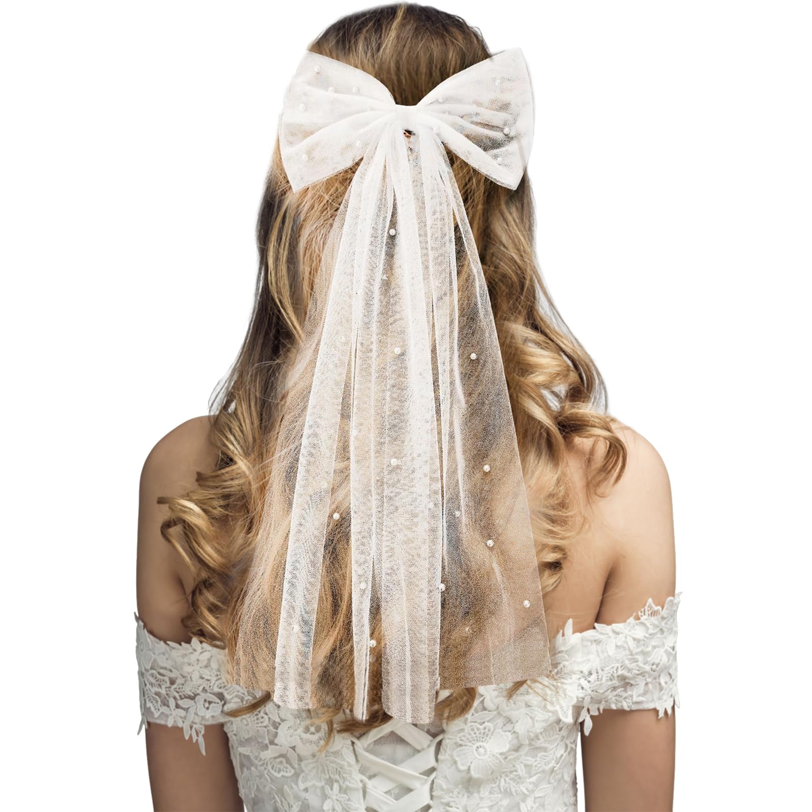1 Piezas Velo de Novia con Lazo de Perlas, Velo Novia Despedida, Velo de Lazo para el Pelo, Ideal para Bodas y Eventos Especiales
