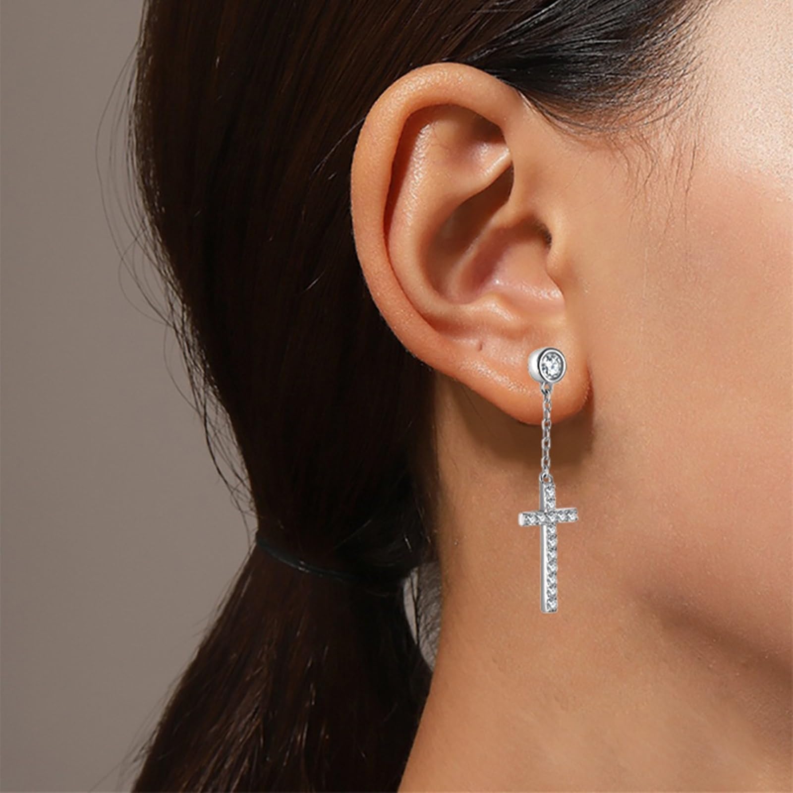 Pendientes Mujer Cruz de Cadena con Moissanita Redonda de 0.5ct, Plata de Ley 925, Joyas Pendientes Colgantes con Piedra
