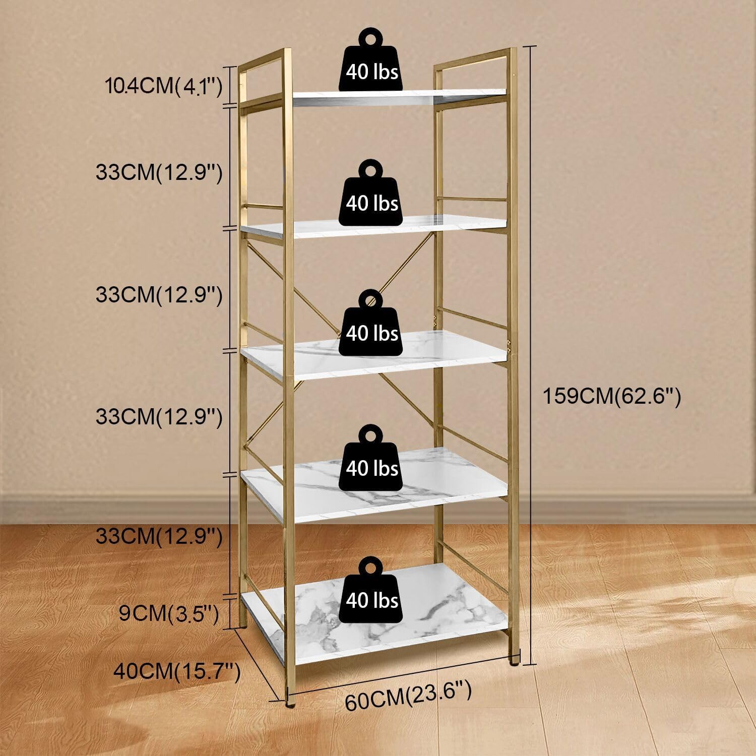 AT-VALY 5-Tier Bakers Rack with Storage Shelf,Free Standing Kitchen Storage Shelf Rack 23.6 L x 15.7 W x 62.6 H (Gold)