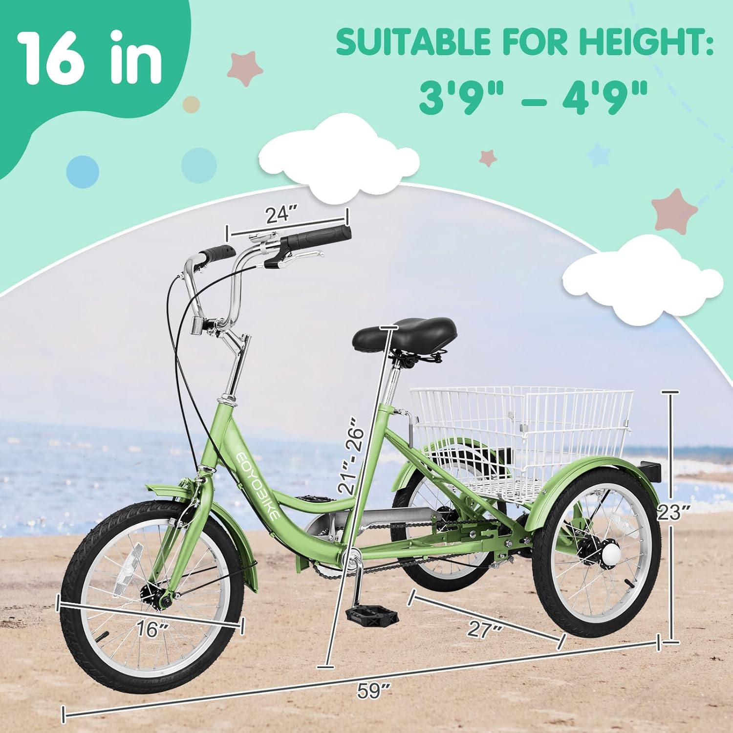 LILYPELLE 16 inch Trike Tricycle for Beginner Riders, Single Speed 3 Wheel Bikes, Low Step Through Three-Wheeled Bicycles with Rear Basket