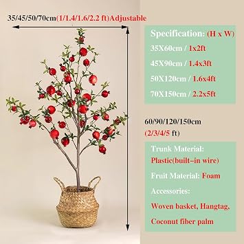 Artificial Tree Artificial Pomegranate Tree Planter for Indoor Decorative, Outdoor Fake Potted Plants Vase/Imitation Pot, Natural Forsythia Branches Tree(90cm(3ft))