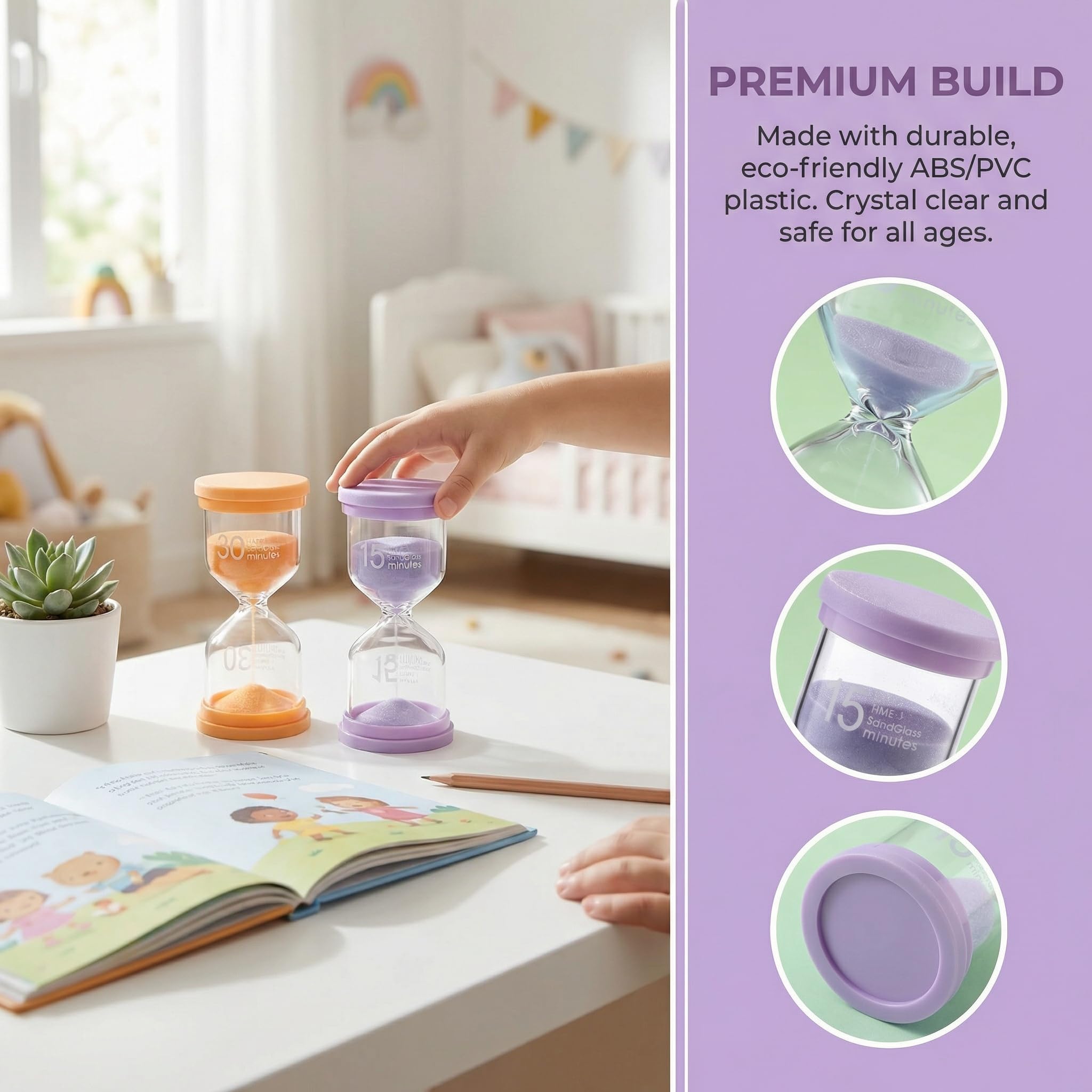 Clessidra Bambini 5 Pezzi – Timer Visivo Colorato 1/5/10/15/30 Minuti, Clessidra Educativa in Plastica Anticaduta per Studio, Gioco e Casa
