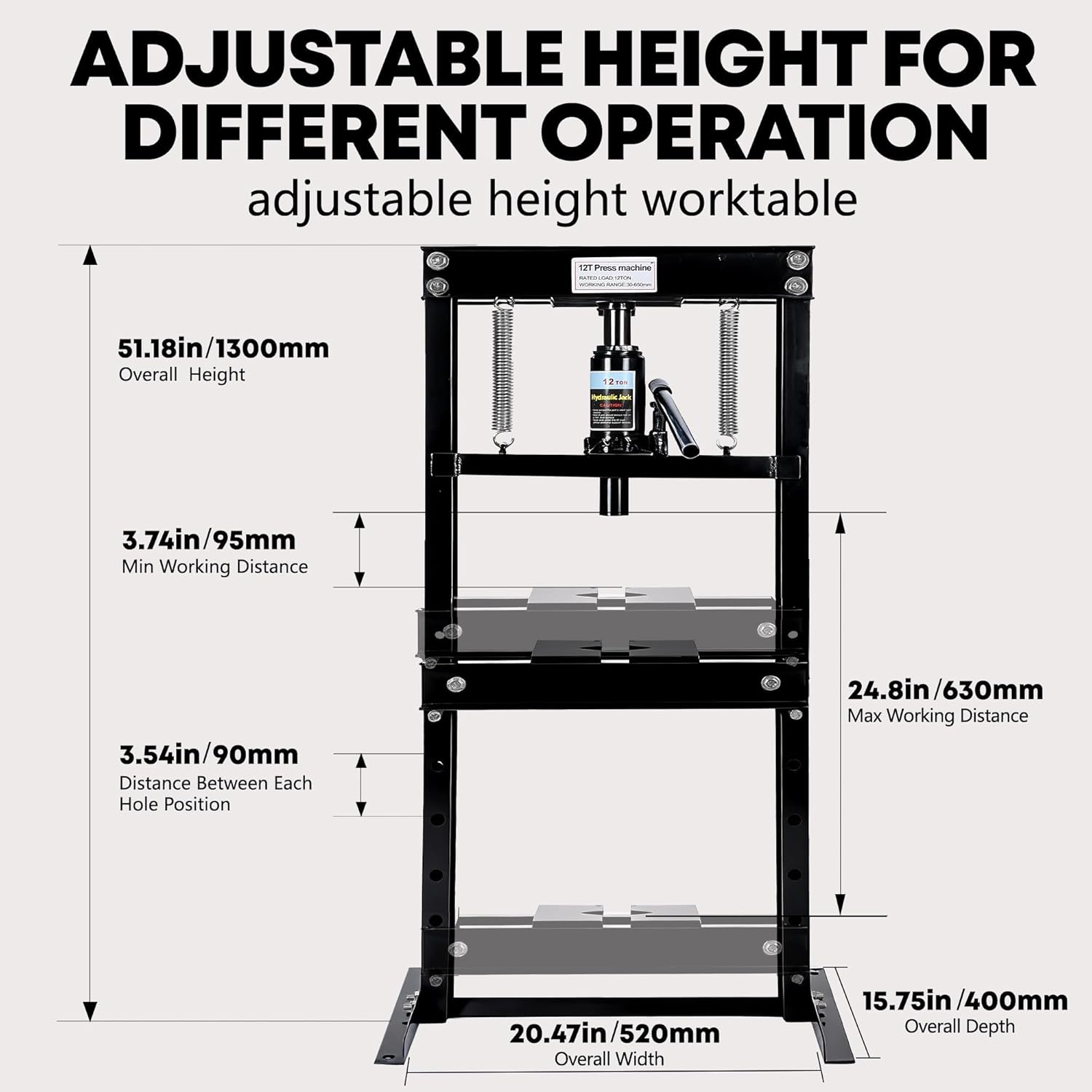12 Ton Hydraulic Shop Press with Movable Plates, h-Frame Garage Floor Press with Adjustable Height, Overload Protection for for Metal Bending, Straightening, Automotive Repair