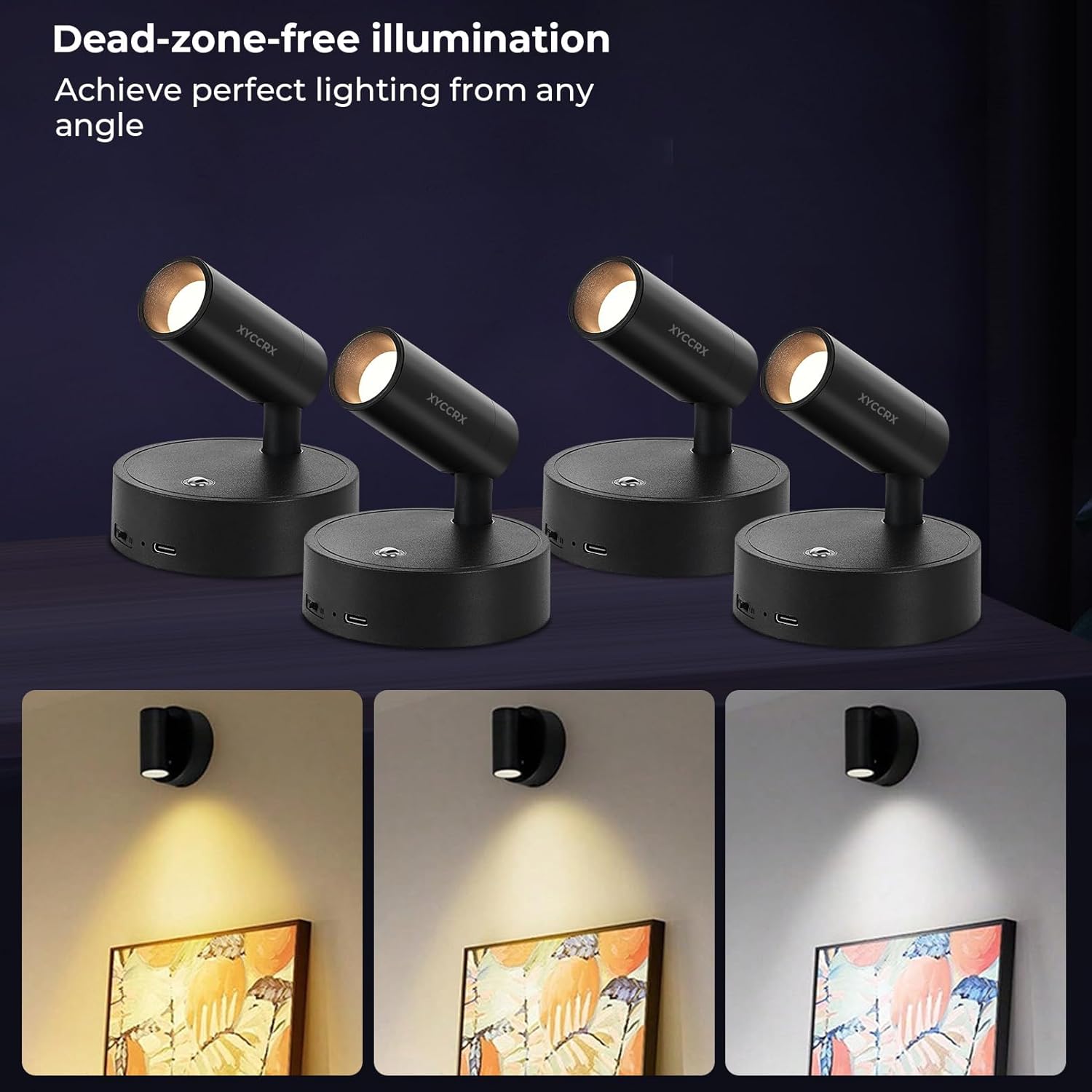 ​​​​4Pack Spot Lights Indoor for Paintings, LED Rechargeable Grow Lights for Indoor Plants - Dimmable Spotlights for Artwork, Plants, Trees, 3 Colors & Dimmable, 350° Rotatable (Black)​